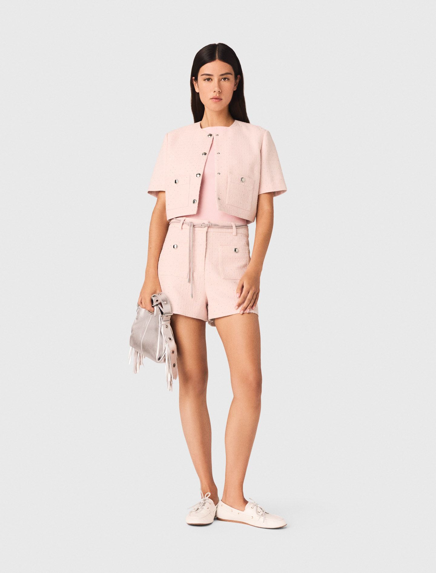 Woman's polyester Short-sleeved tweed jacket for Spring/Summer, size Extra Small, in color Pink / Red by Maje
