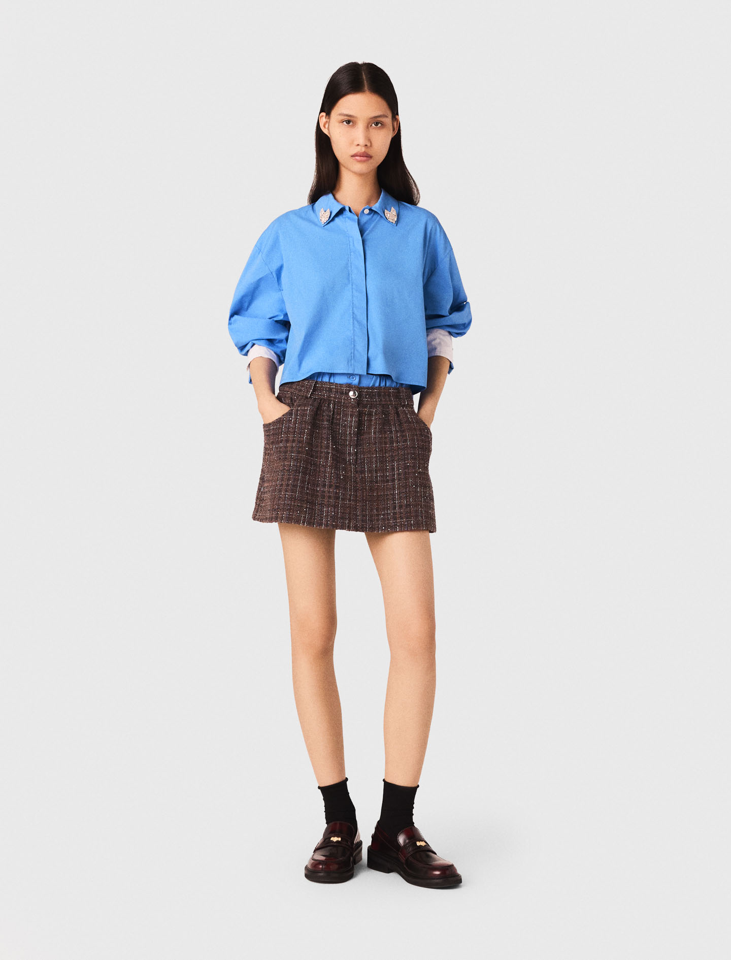 Woman's cotton Tweed shorts with elasticated waistband for Fall/Winter, size Extra Extra Large, in color Brown /