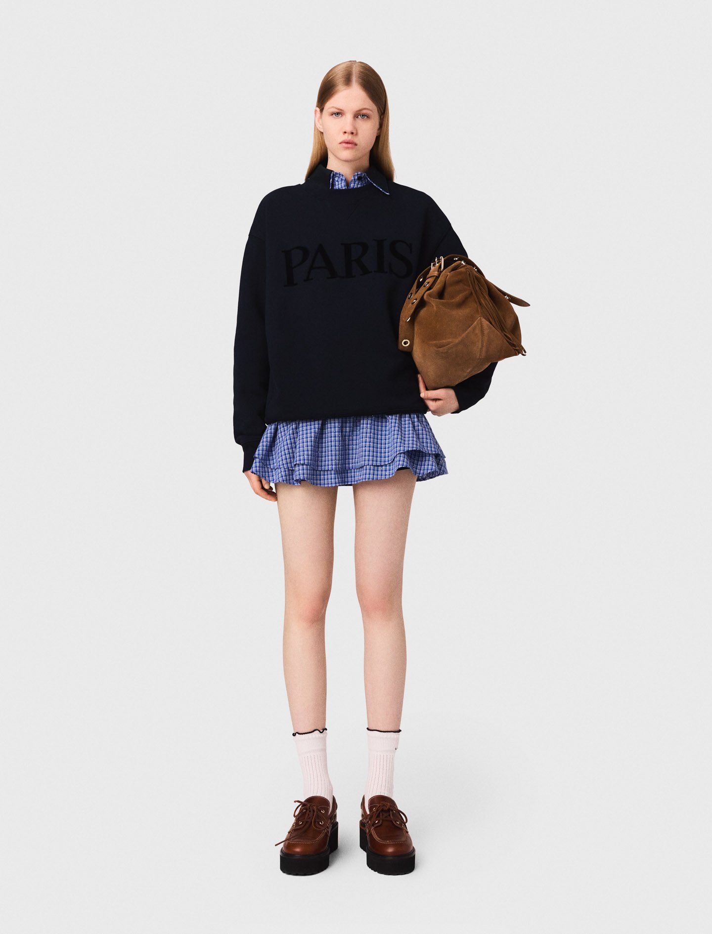 Woman's cotton Paris embossed logo sweatshirt for Fall/Winter, size Large, in color Navy / Blue by Maje