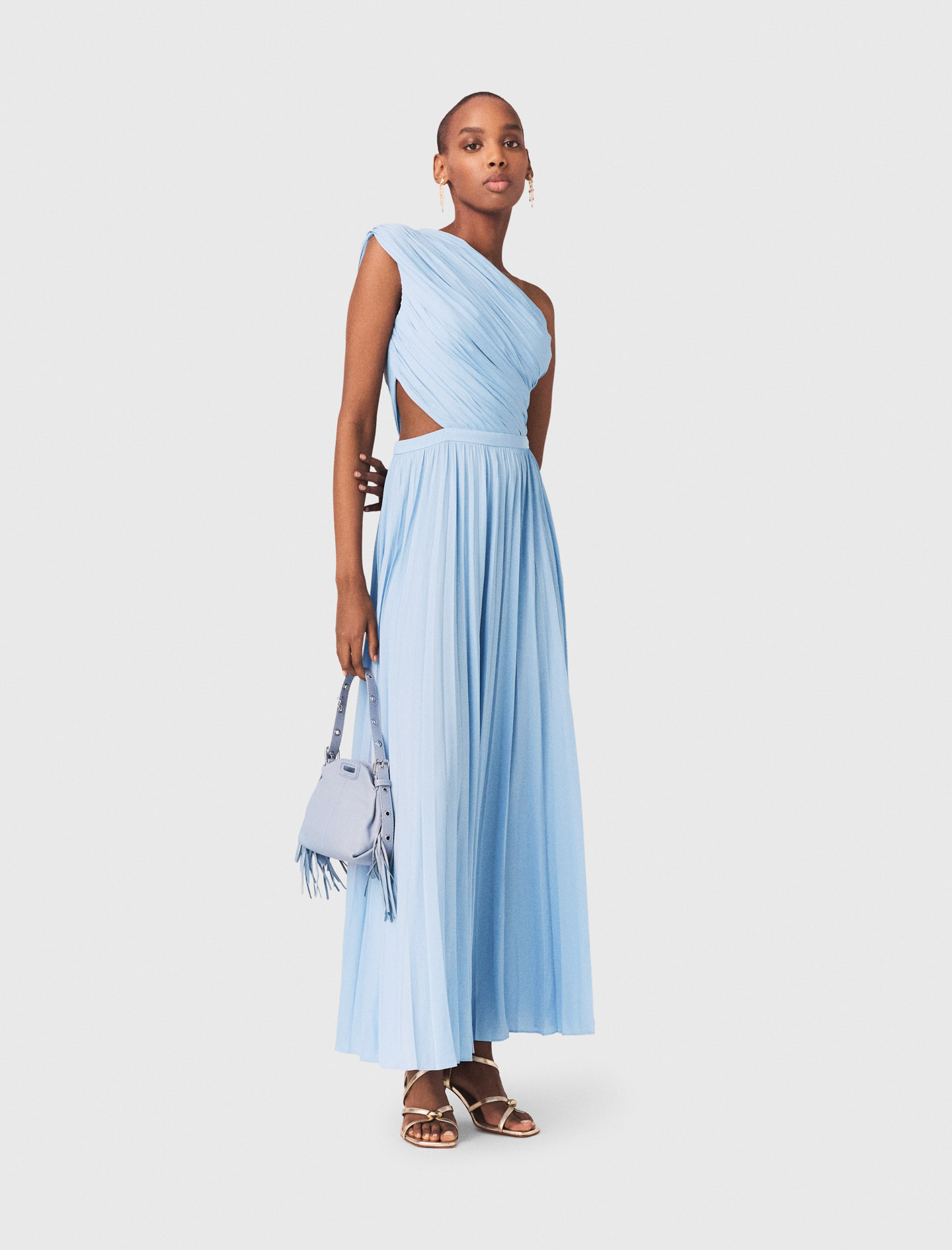 Woman's polyester Asymmetrical pleated maxi dress for Spring/Summer, size Extra Extra Large, in color Blue Sky / Blue