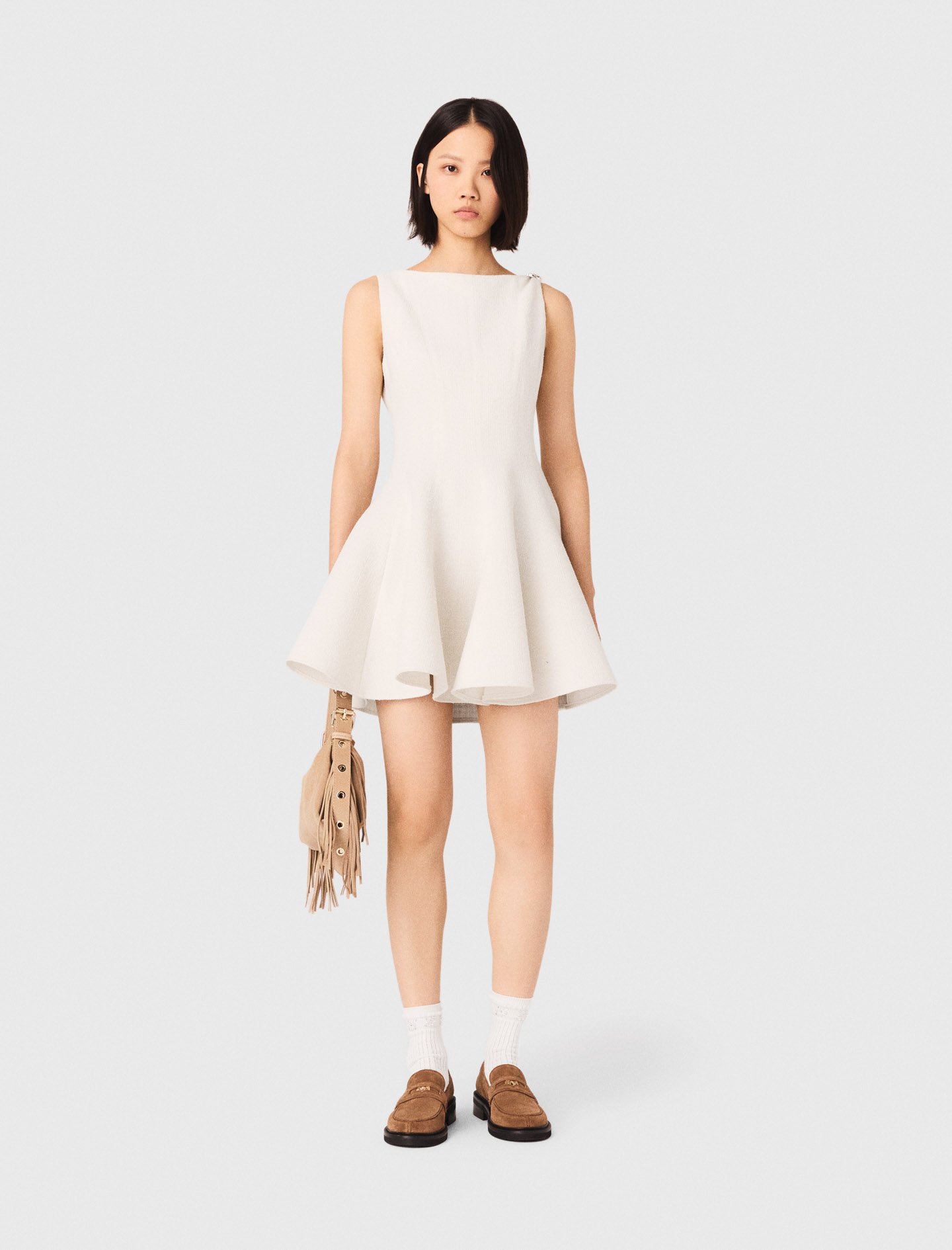 Woman's cotton Short flared tweed dress for Spring/Summer, size Extra Small, in color Ecru / Beige