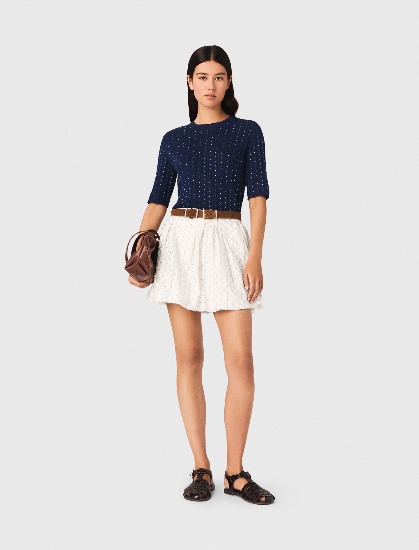 Woman's cotton Round-neck rhinestone sweater for Spring/Summer, size Small, in color Navy / Blue