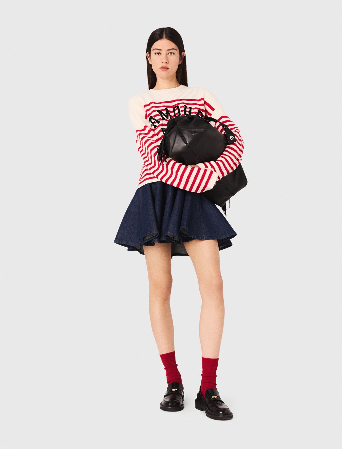 Woman's wool Striped rib knit sweater for Fall/Winter, size Large, in color Ecru /Red /