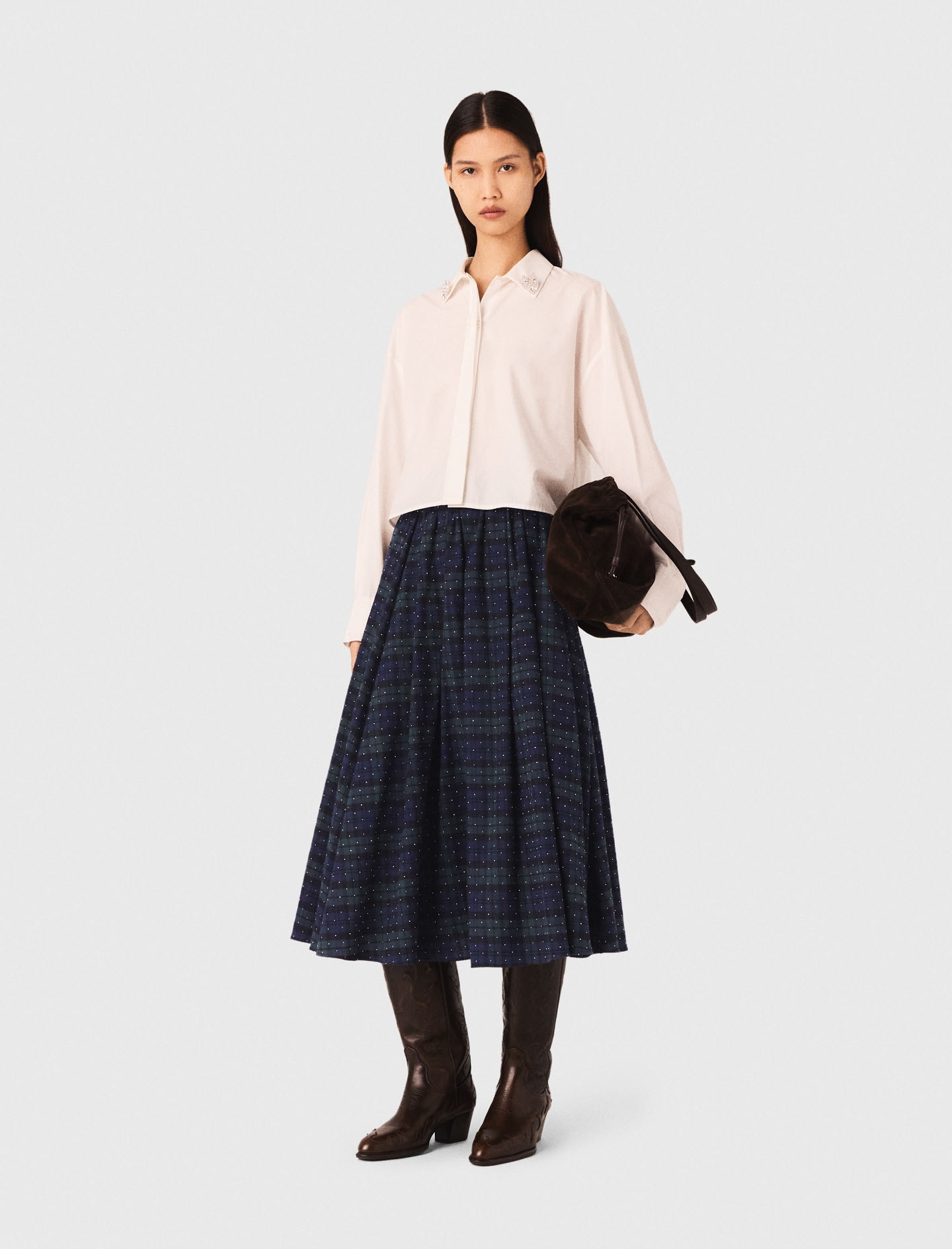 Woman's cotton Check skirt with rhinestones for Fall/Winter, size Extra Small, in color Blue / Green /