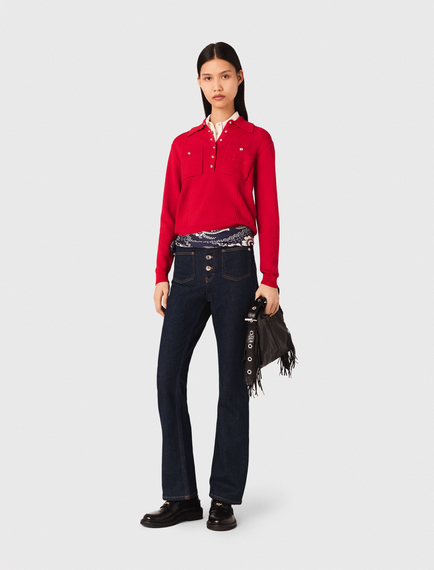 Woman's acrylic Polo collar sweater with embroidery for Fall/Winter, size Large, in color Red / by Maje