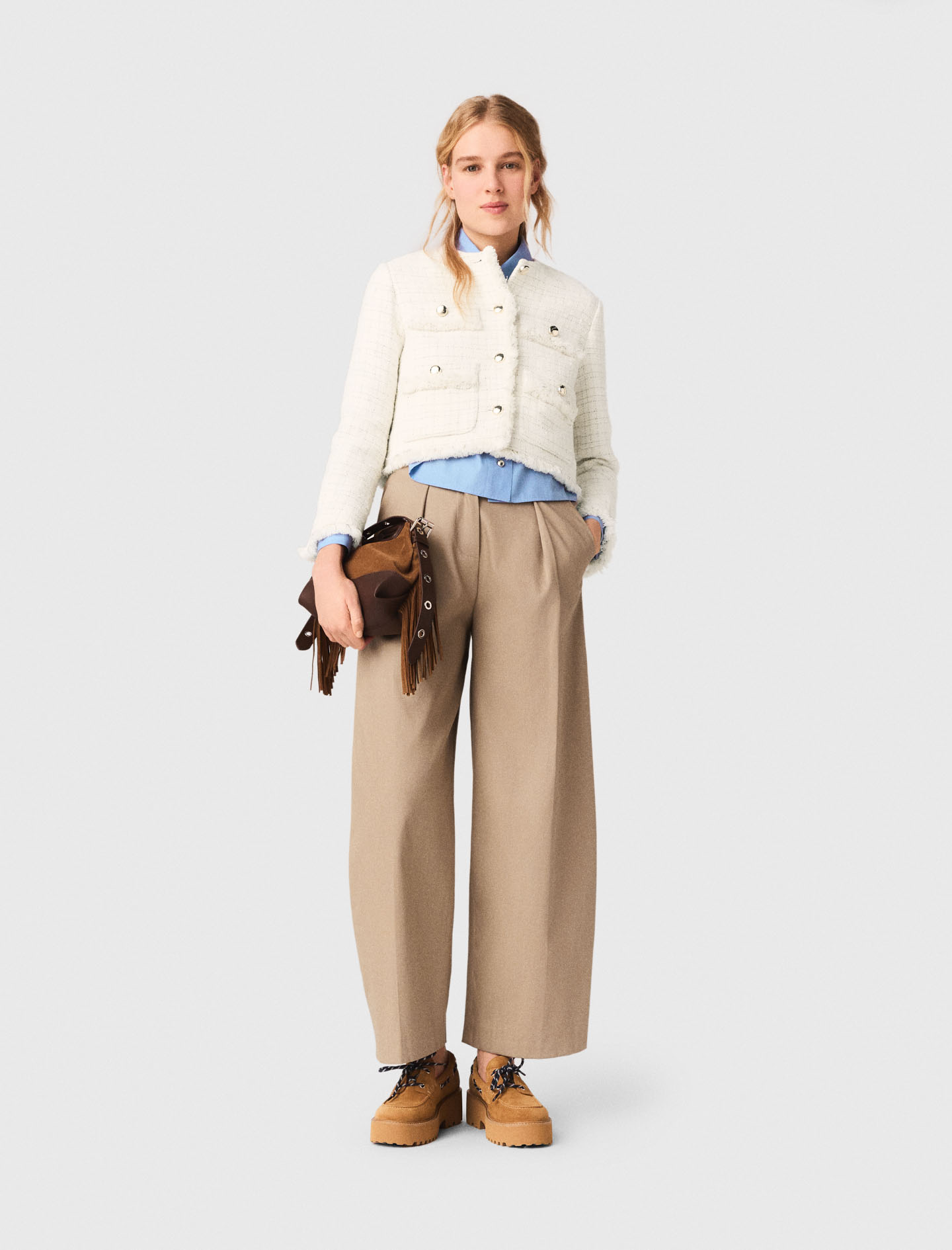 Woman's cotton Cropped tweed jacket for Spring/Summer, size Small, in color Ecru / Beige