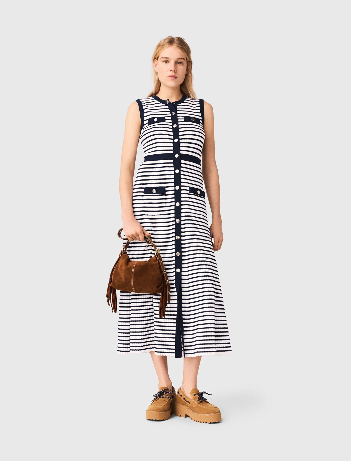 Woman's cotton Striped knit maxi dress for Spring/Summer, size Large, in color Ecru/Navy Blue / Blue