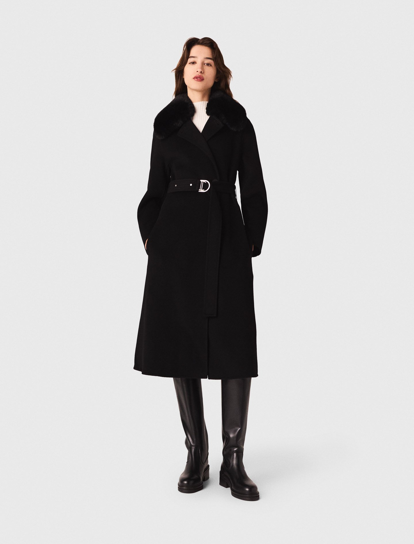 Woman's wool Double-faced coat with removable collar for Fall/Winter, size Extra Small, in color Black /