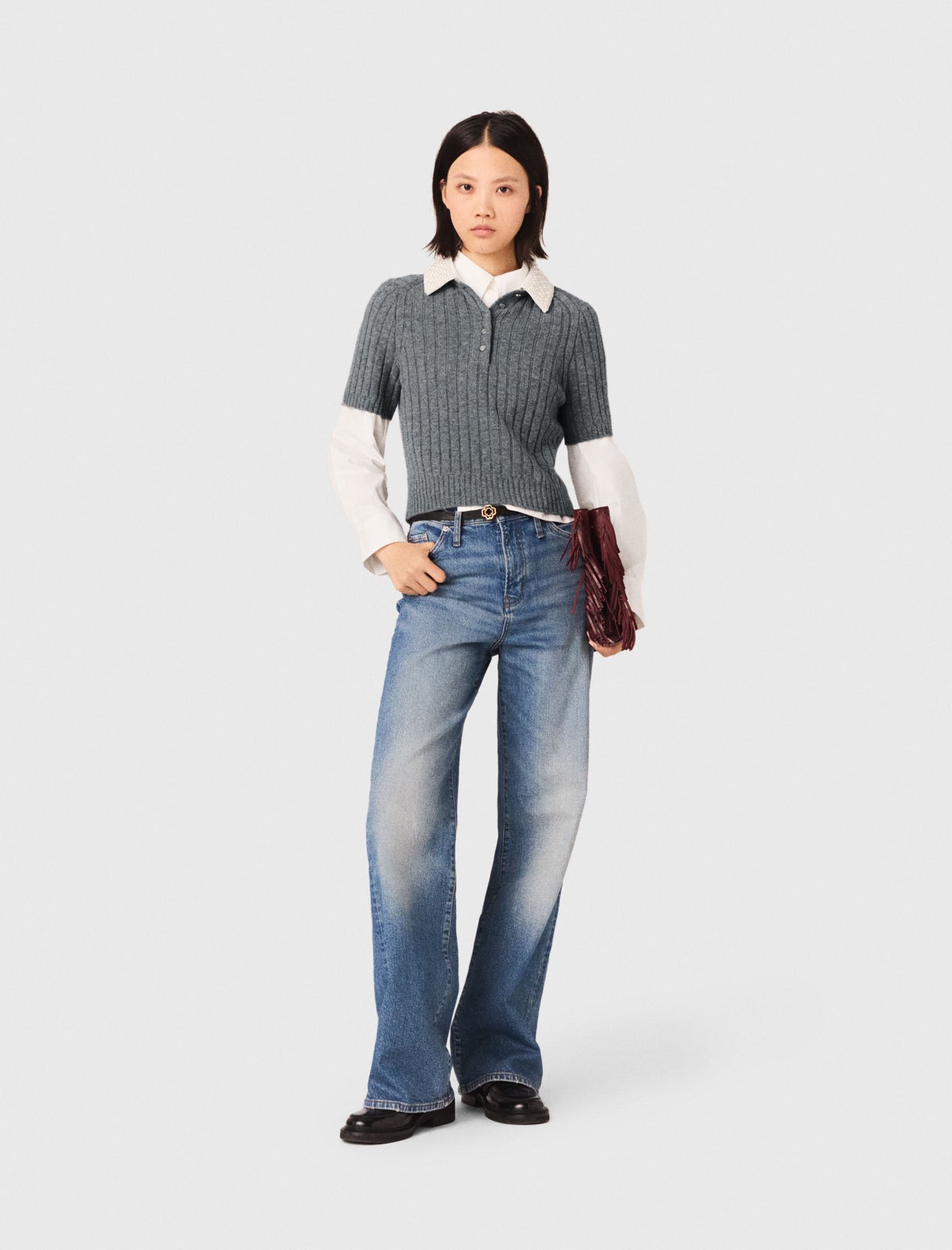 Woman's wool Removable beaded collar sweater for Spring/Summer, size Small, in color Grey /
