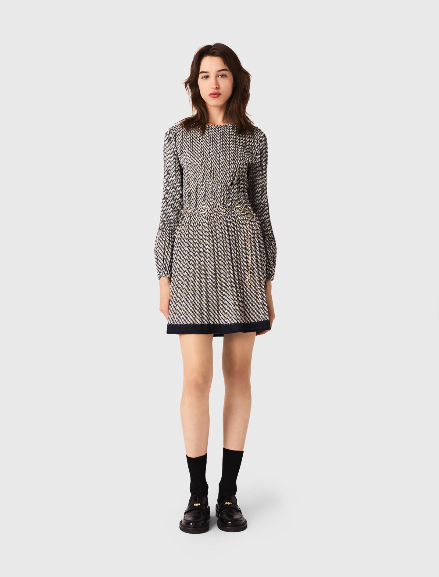 Woman's polyester Patterned pleated dress for Fall/Winter, size Large, in color Ecru print-tie /