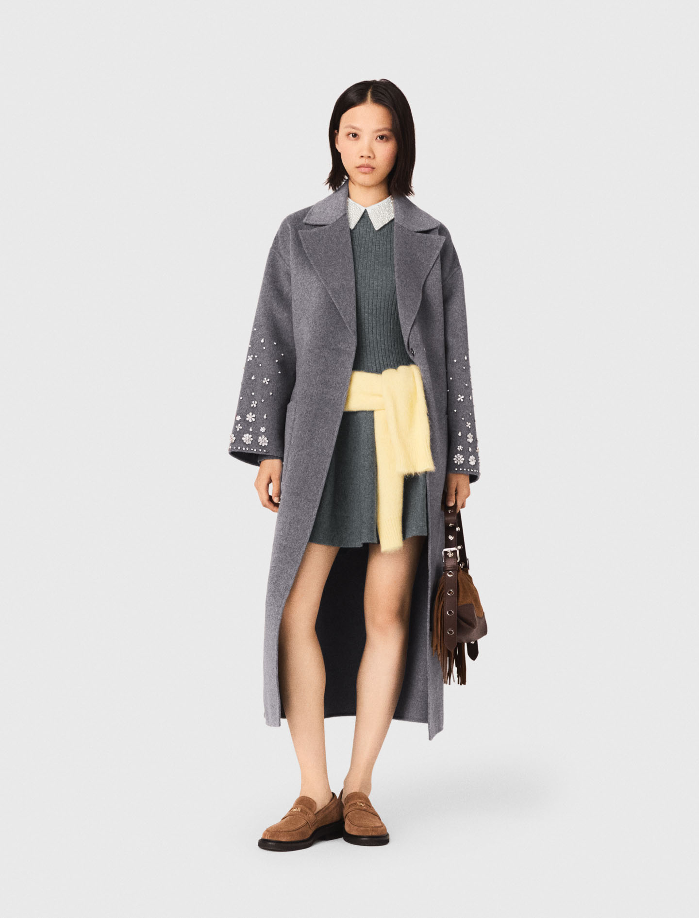 Woman's wool Long double-faced rhinestone coat for Spring/Summer, size Large, in color Grey /