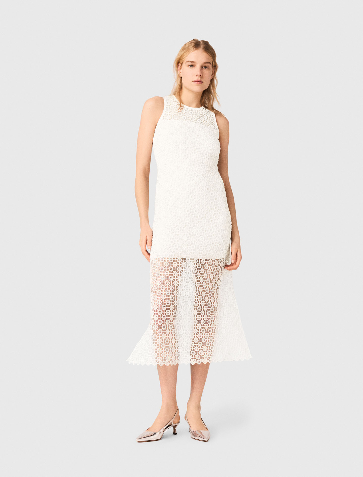 Woman's polyester Rhinestone crochet maxi dress for Spring/Summer, size Large, in color White /