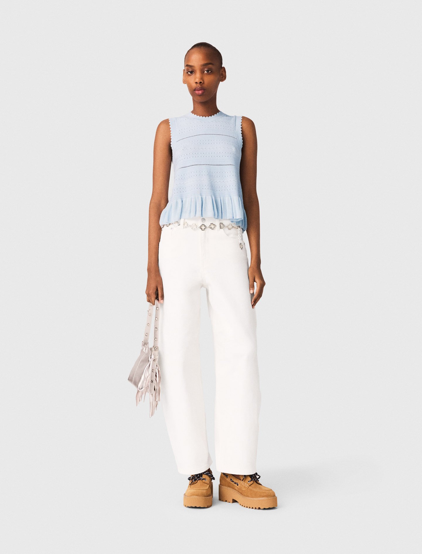 Woman's viscose Ruffled knit top for Spring/Summer, size Medium, in color Blue Sky / Blue