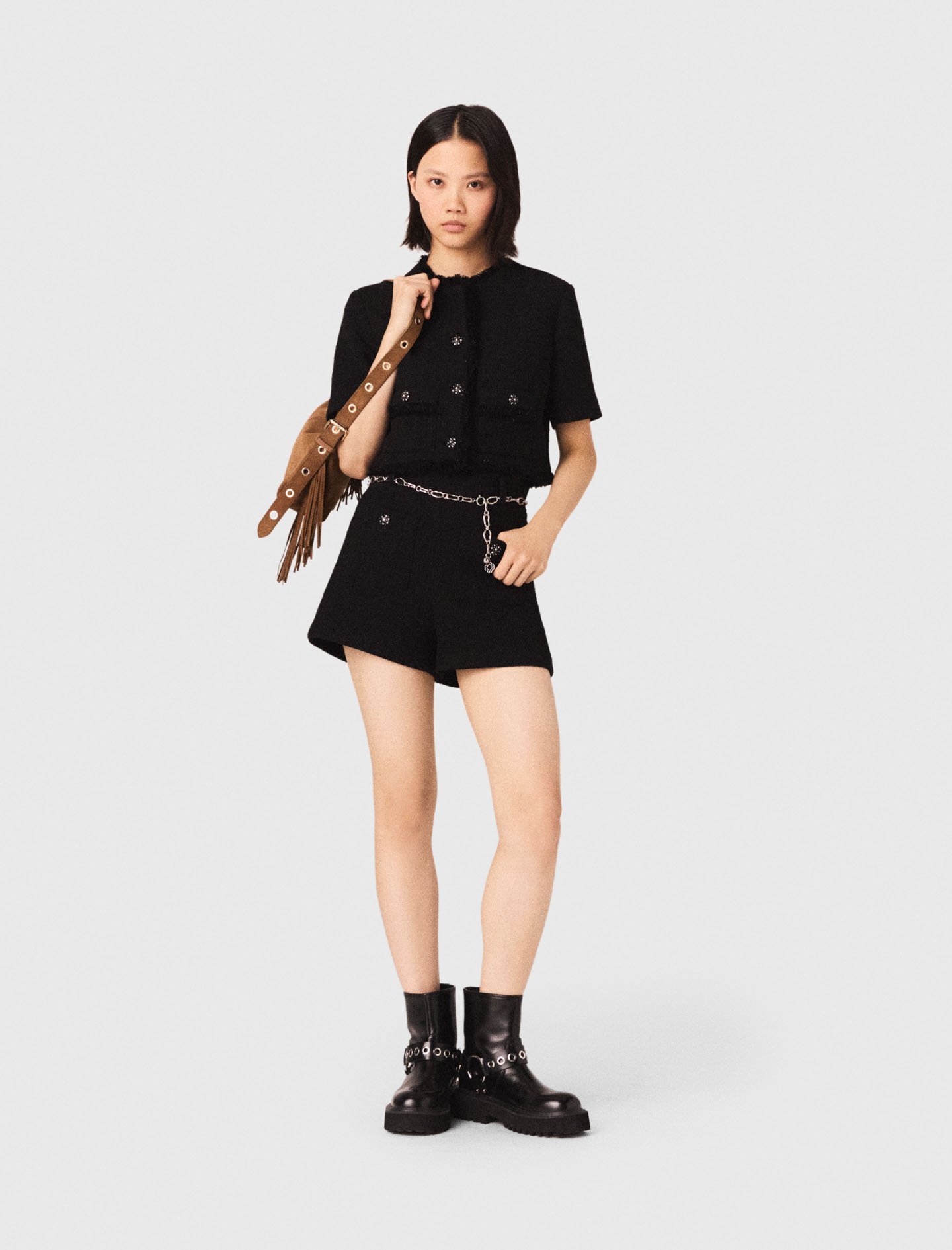Woman's cotton Shiny tweed shorts for Spring/Summer, size Medium, in color Black / by Maje