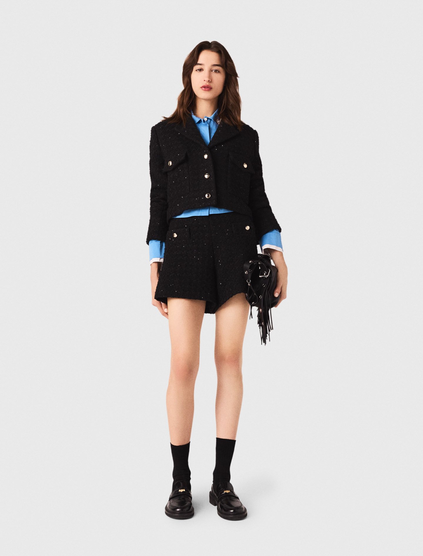 Woman's cotton Short rhinestone tweed jacket for Fall/Winter, size Extra Small, in color Black /
