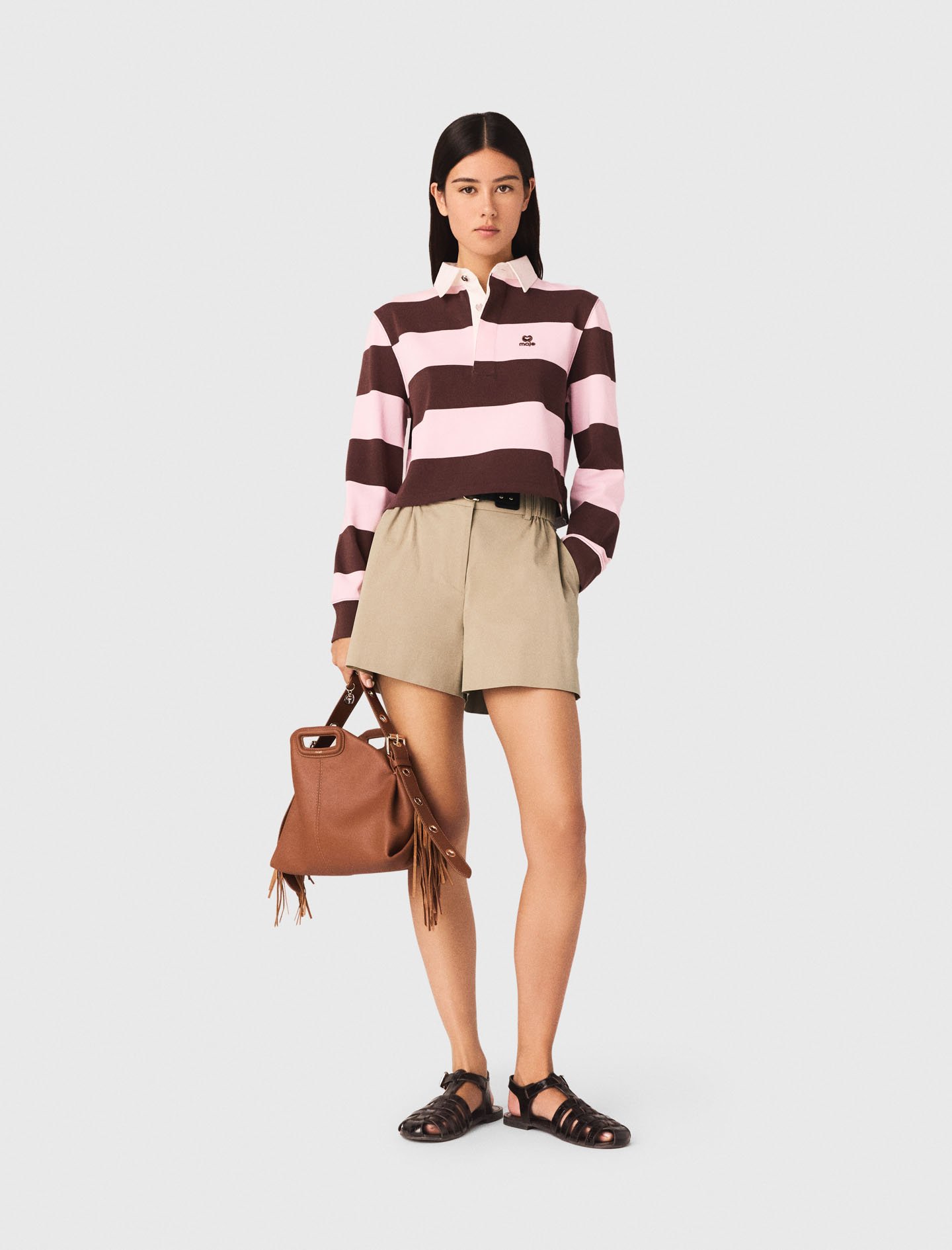 Woman's cotton Striped polo sweatshirt for Spring/Summer, size Extra Small, in color Brown/Pink / by Maje