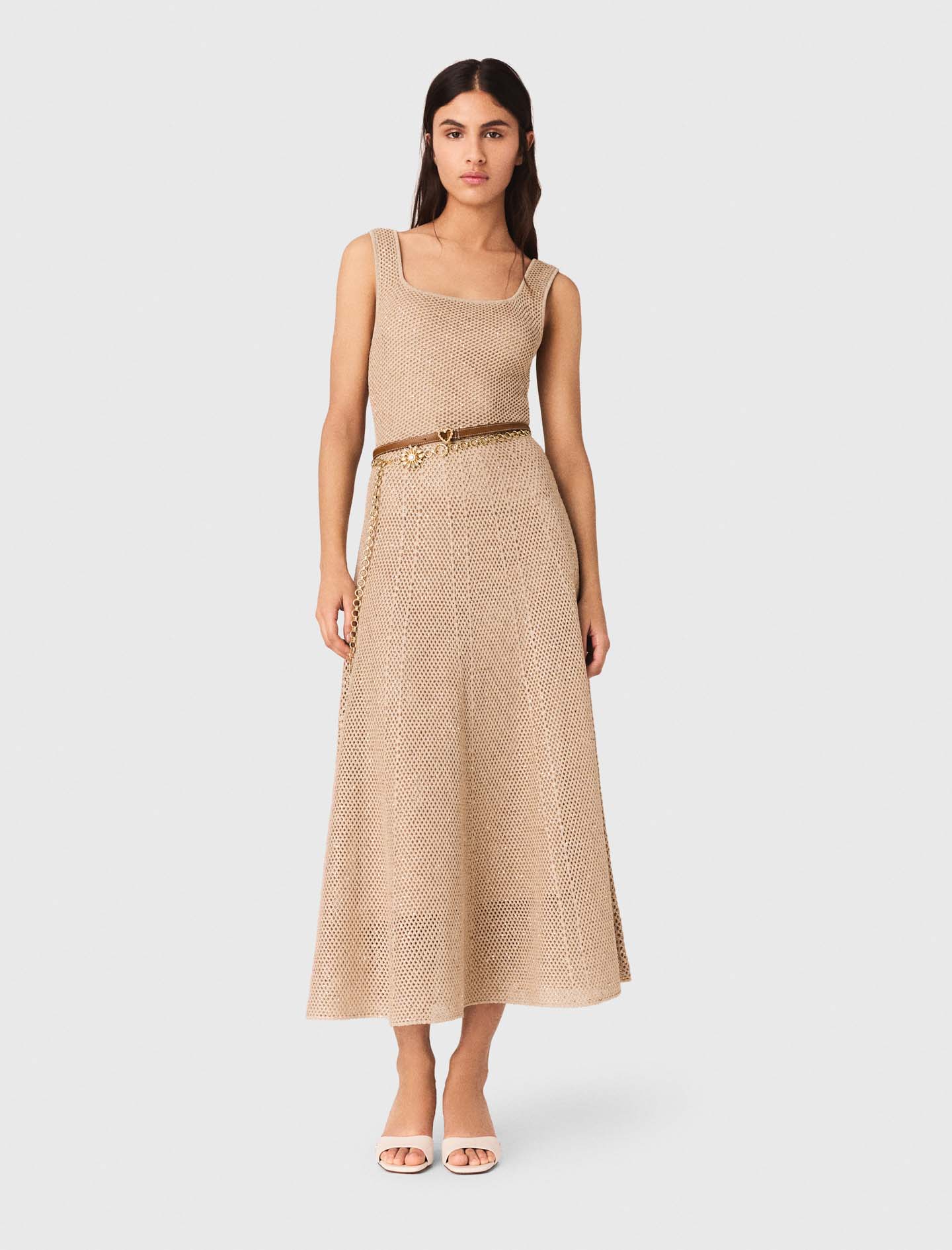Woman's polyester Rhinestone knit maxi dress for Spring/Summer, size Medium, in color Nude / Red