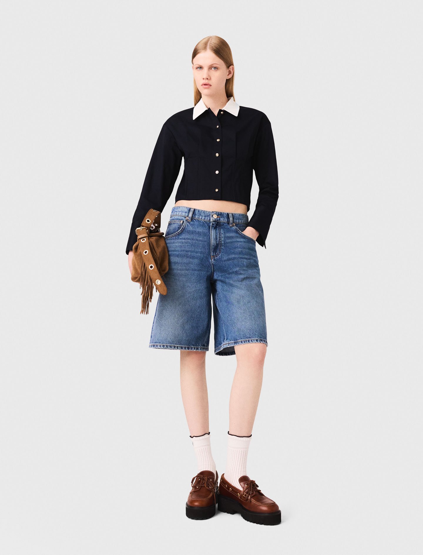 Woman's cotton Cropped poplin shirt for Fall/Winter, size Medium, in color Navy / Blue