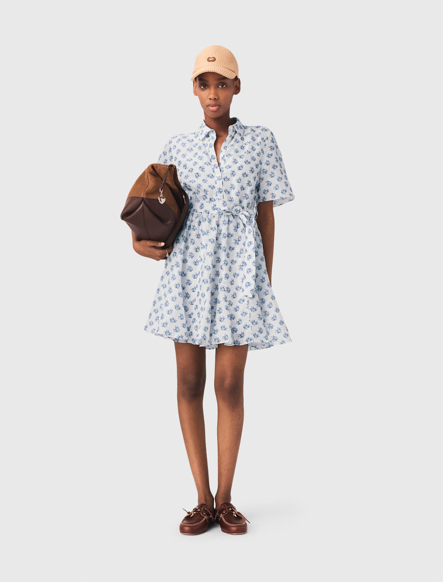 Woman's linen Short patterned linen-blend dress for Spring/Summer, size Extra Extra Large, in color Blue Small Flowers Print /