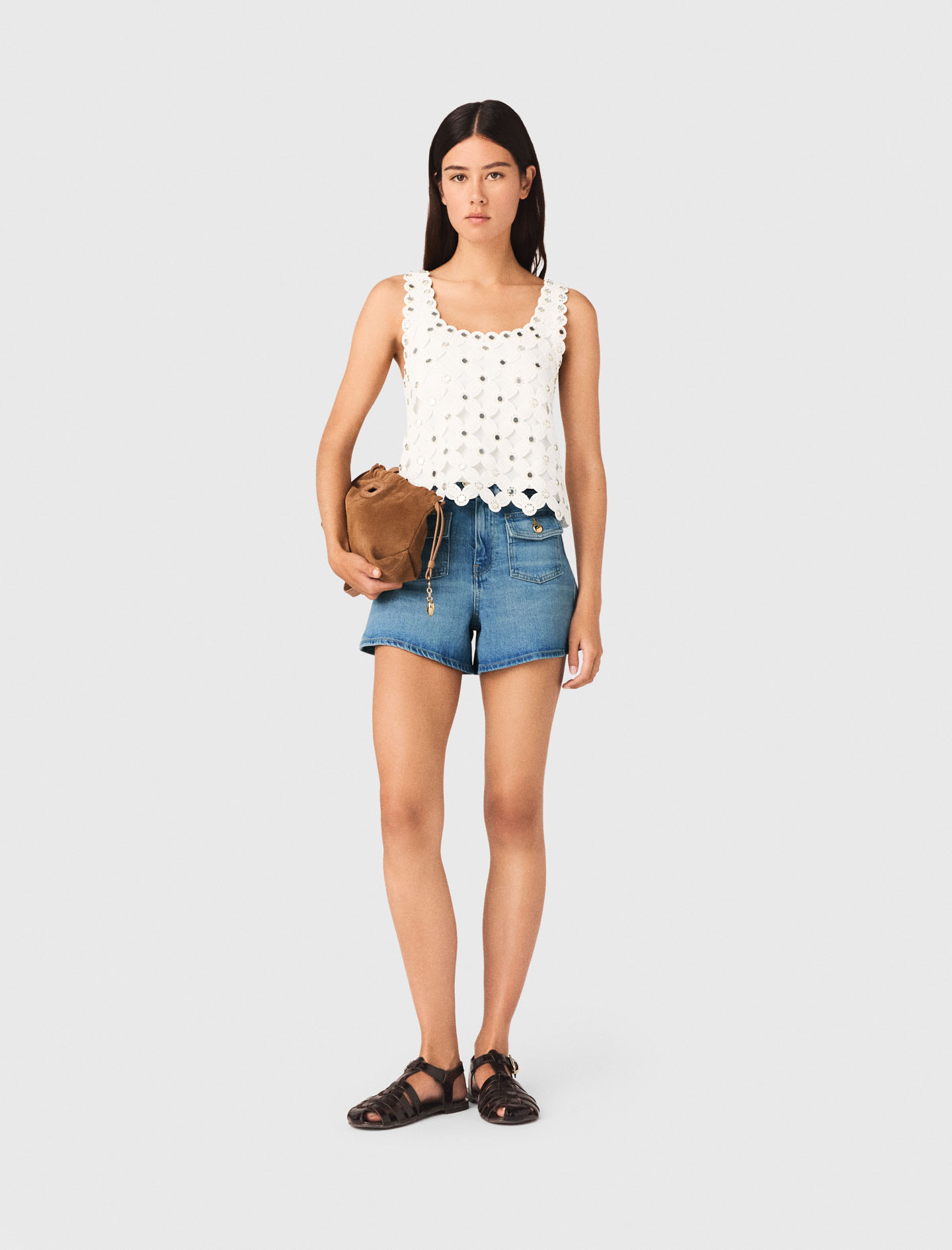 Woman's polyester Mirrored crochet top for Spring/Summer, size Extra Small, in color White /