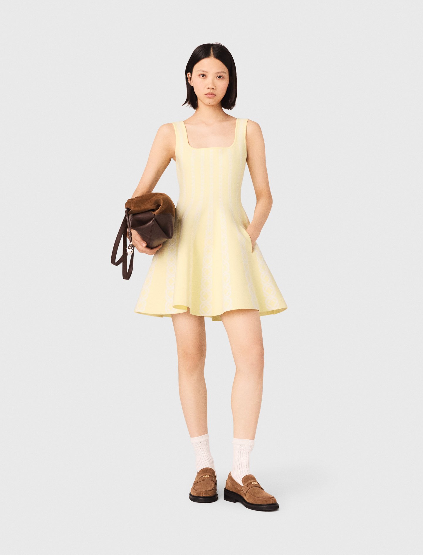 Woman's polyester Jacquard knit short dress for Spring/Summer, size Extra Small, in color Pale Yellow /