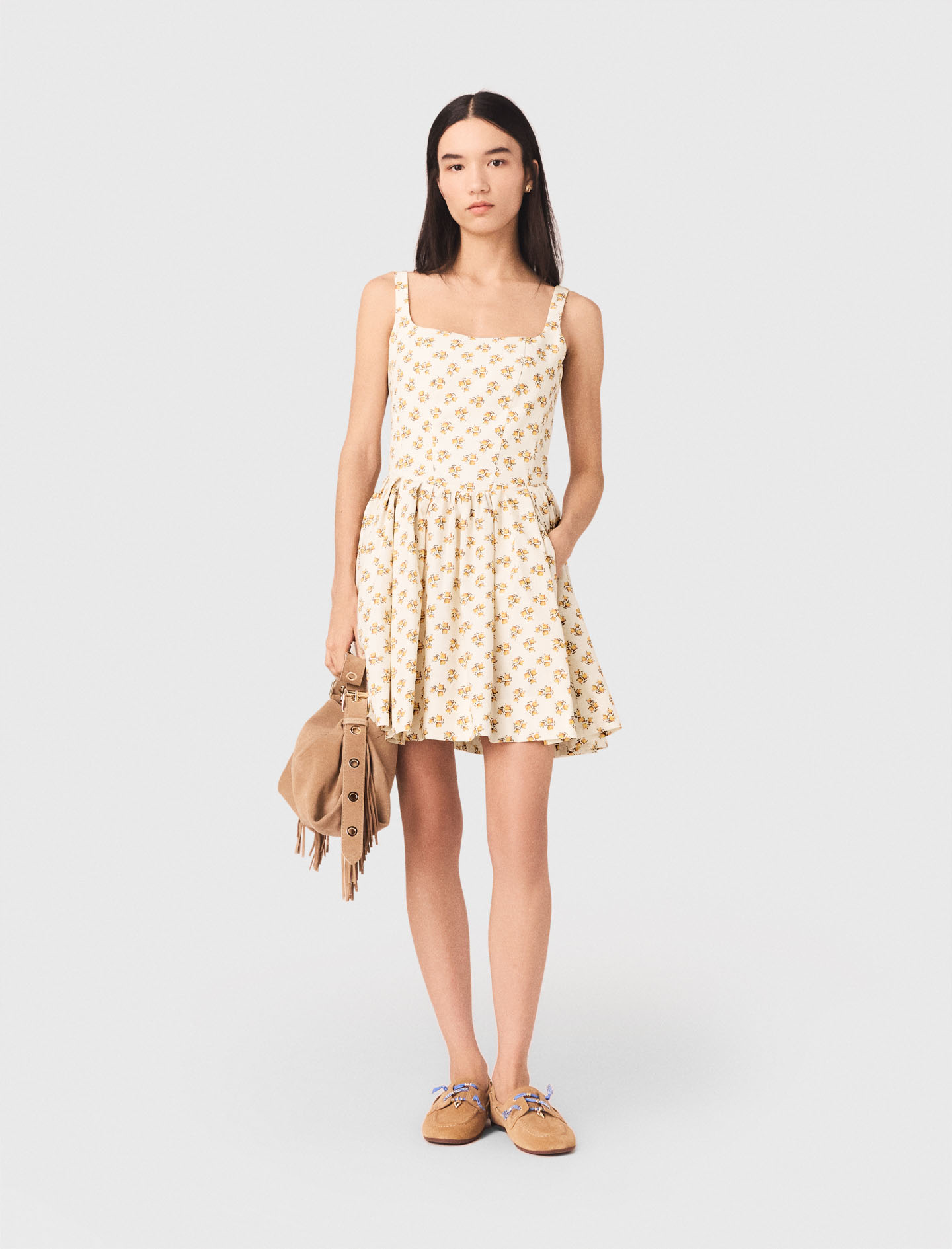 Woman's lyocell Short flared patterned dress for Spring/Summer, size Small, in color Yellow Small Flowers Print /