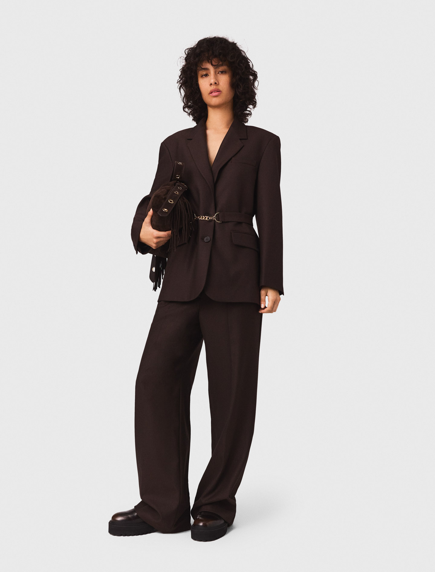 Woman's polyester Belted suit jacket for Fall/Winter, size Extra Small, in color Brown /