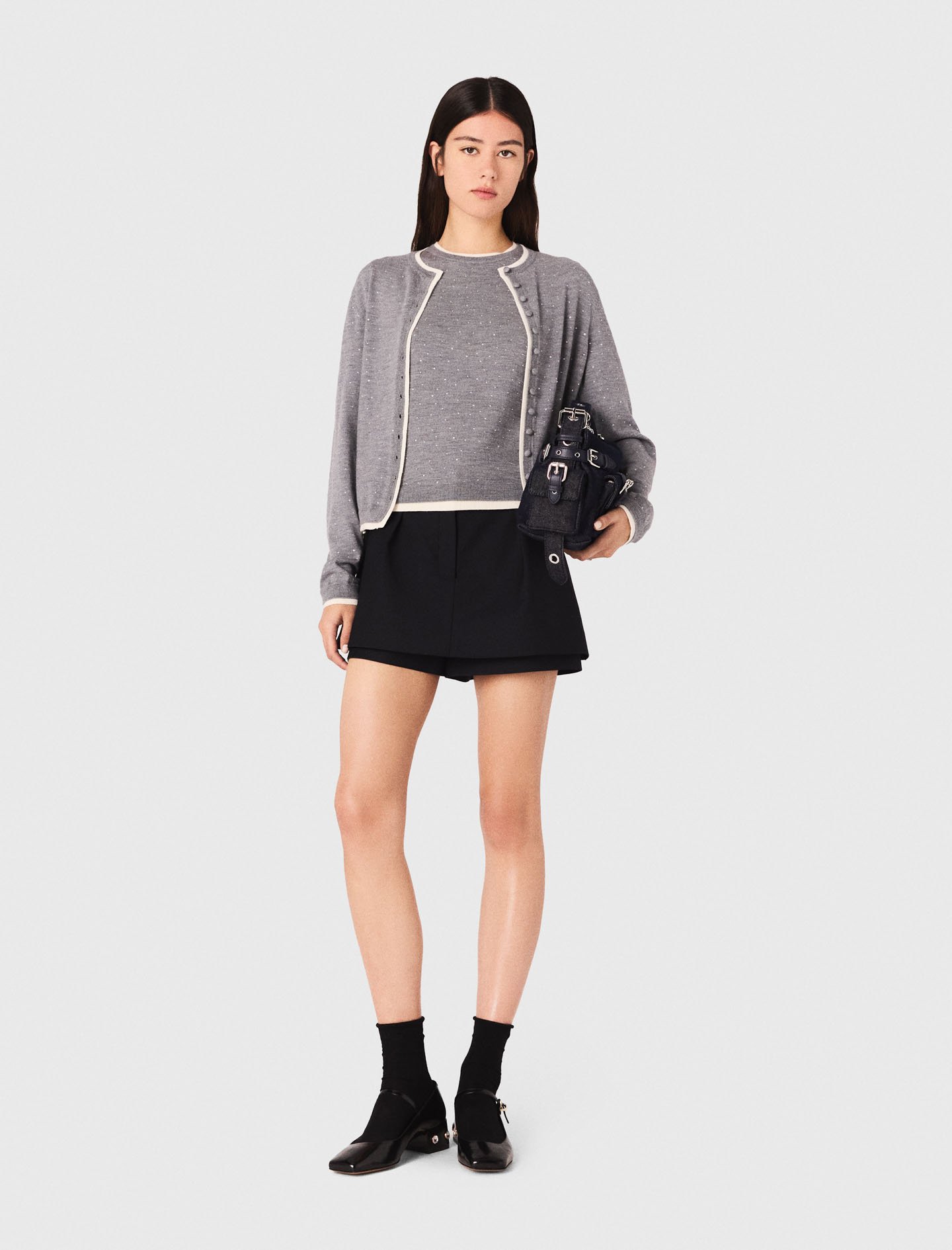 Woman's wool Knit embellished cardigan for Fall/Winter, size Medium, in color Grey /