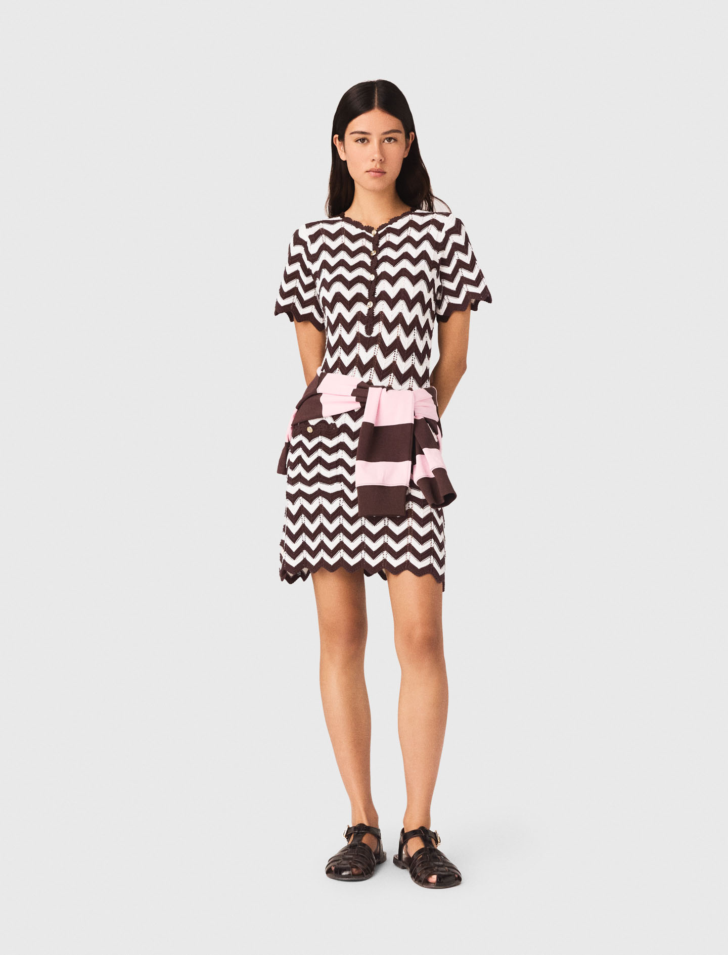 Woman's cotton Zigzag crochet dress for Spring/Summer, size Large, in color Brown/White /