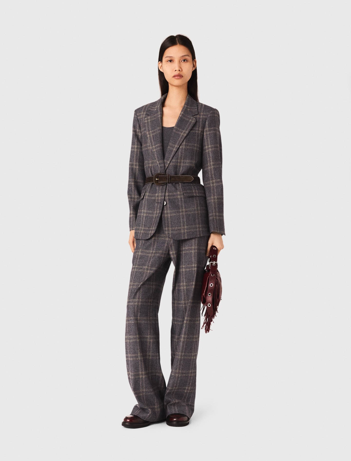 Woman's polyester Checkered belted suit jacket for Fall/Winter, size Extra Small, in color Grey /