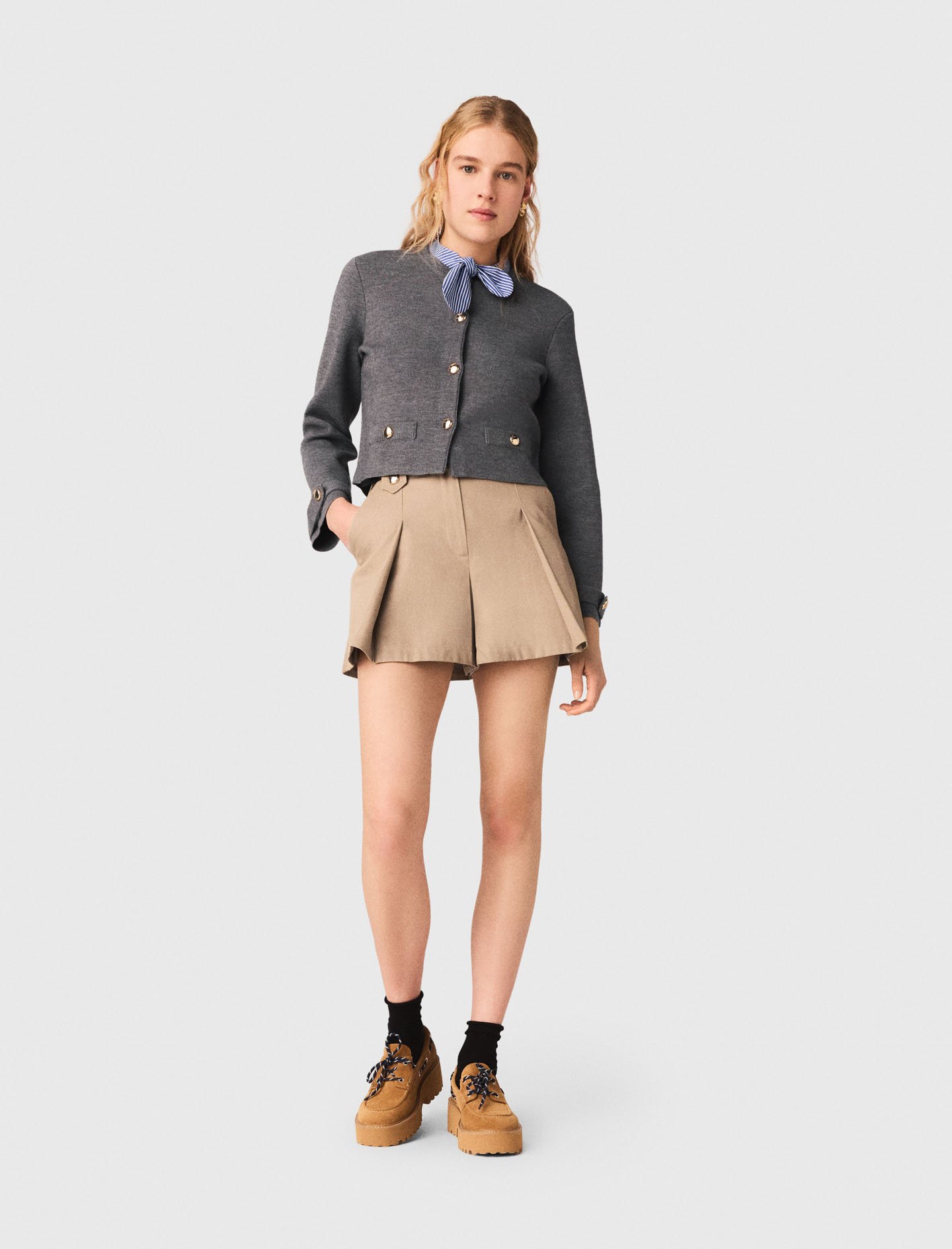 Woman's acrylic Cardigan with removable tie for Spring/Summer, size Medium, in color Light Grey / Grey