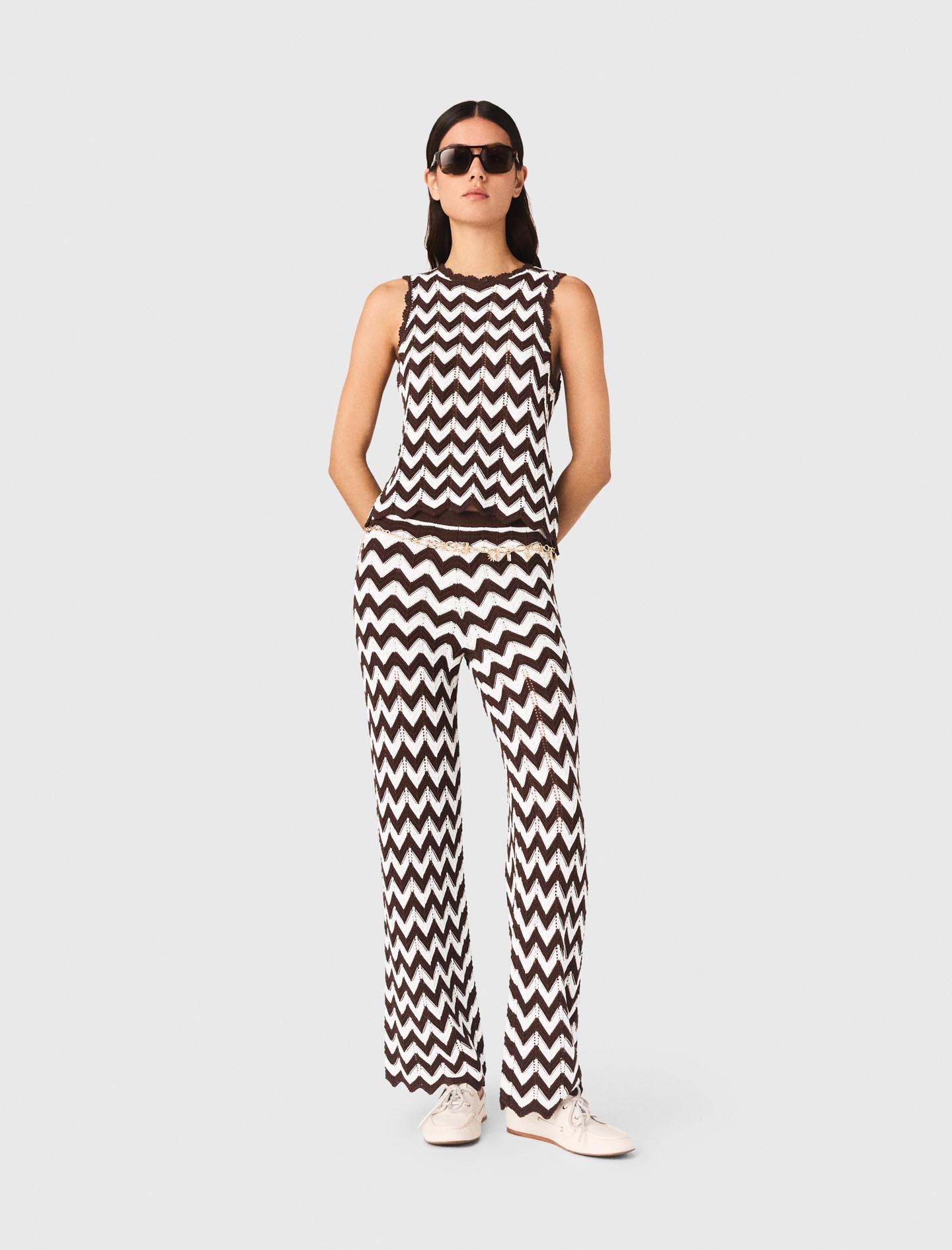 Woman's cotton Zigzag crochet top for Spring/Summer, size Medium, in color Brown/White /
