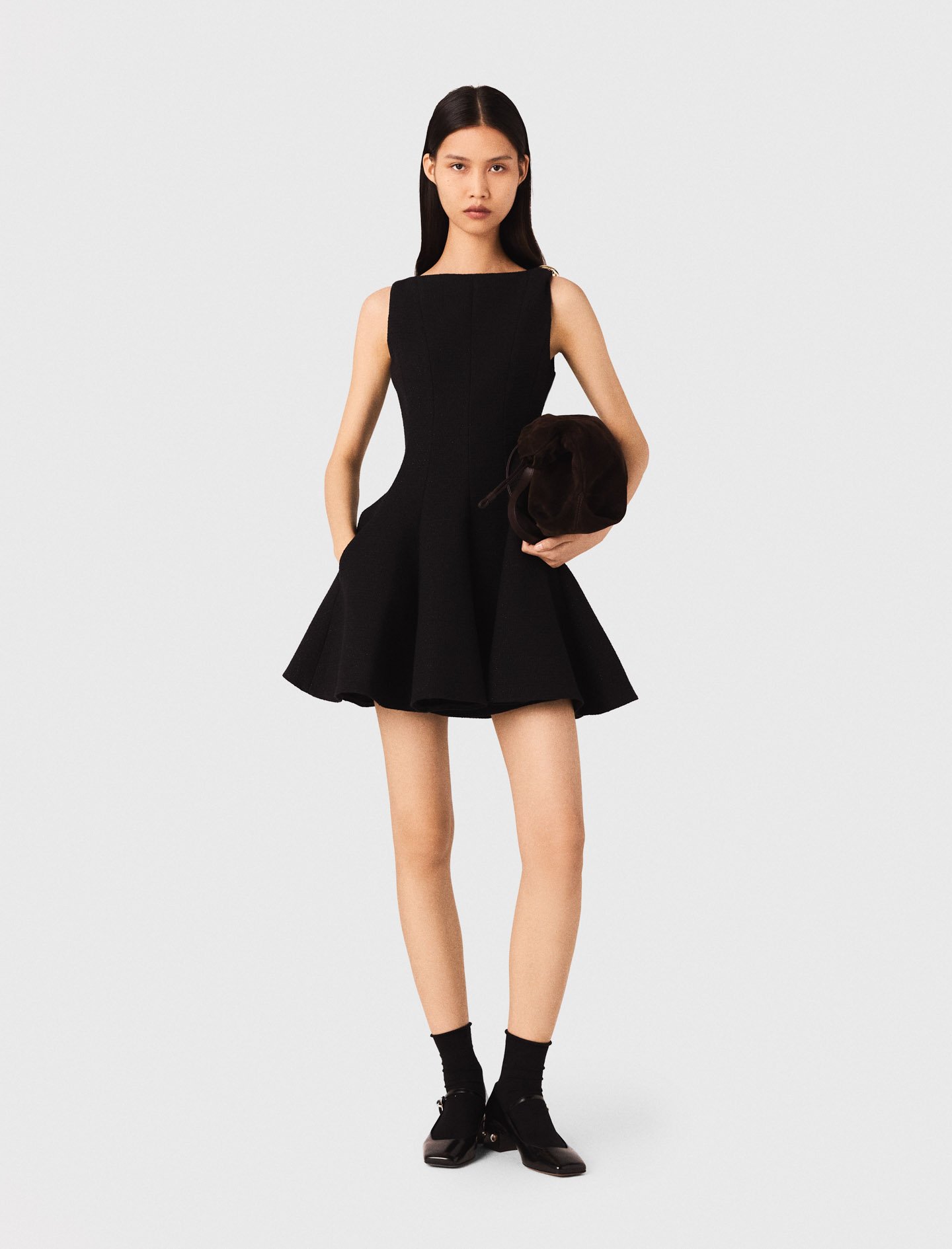 Woman's cotton Mini flared tweed dress for Fall/Winter, size Large, in color Black /