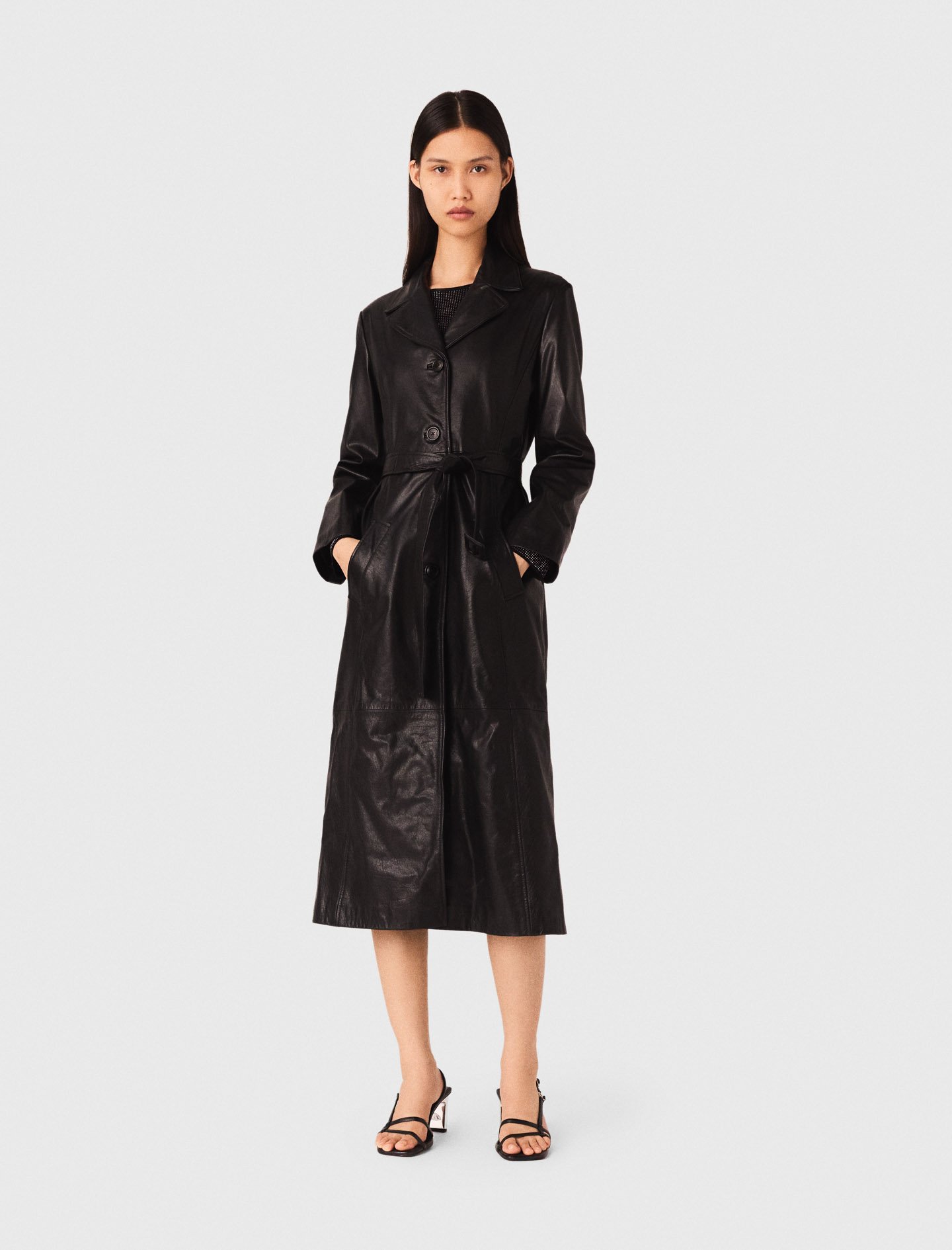 Woman's buffalo Long leather trench coat for Fall/Winter, size Extra Extra Large, in color Black / by Maje
