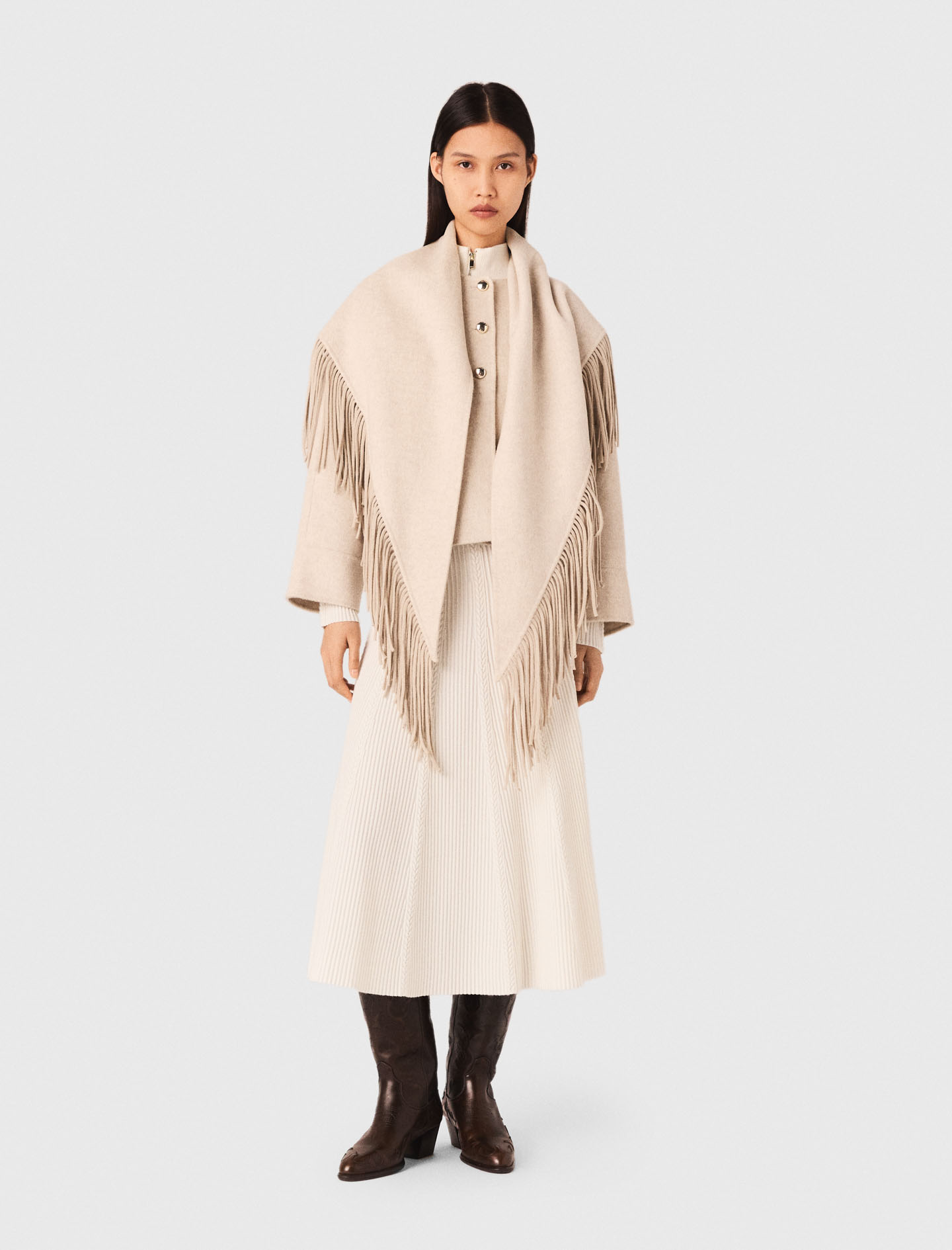Woman's wool Cropped wool coat with removable scarf for Fall/Winter, size Small, in color Ecru / Beige