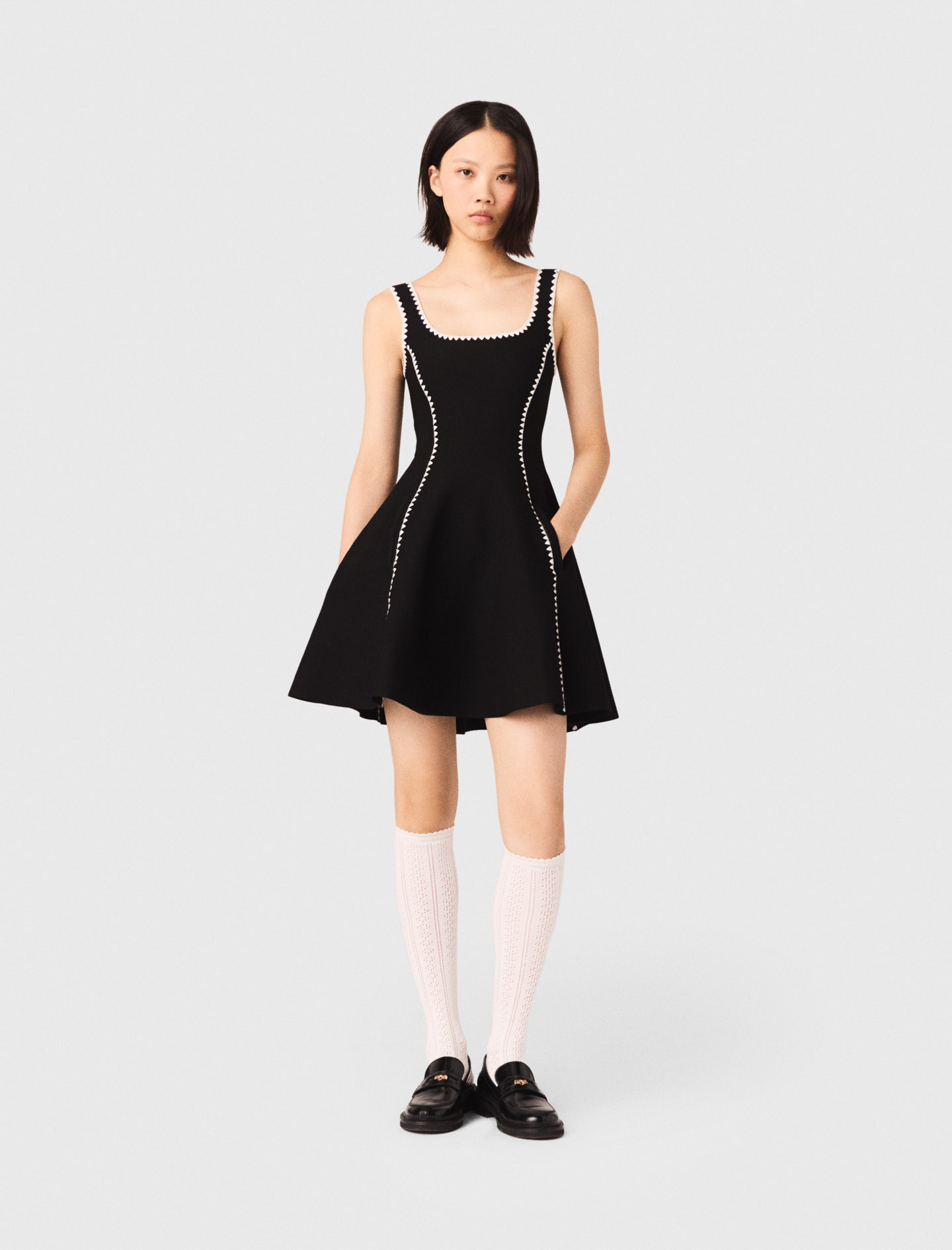 Woman's polyester Short dress with topstitch details for Spring/Summer, size Large, in color Black /