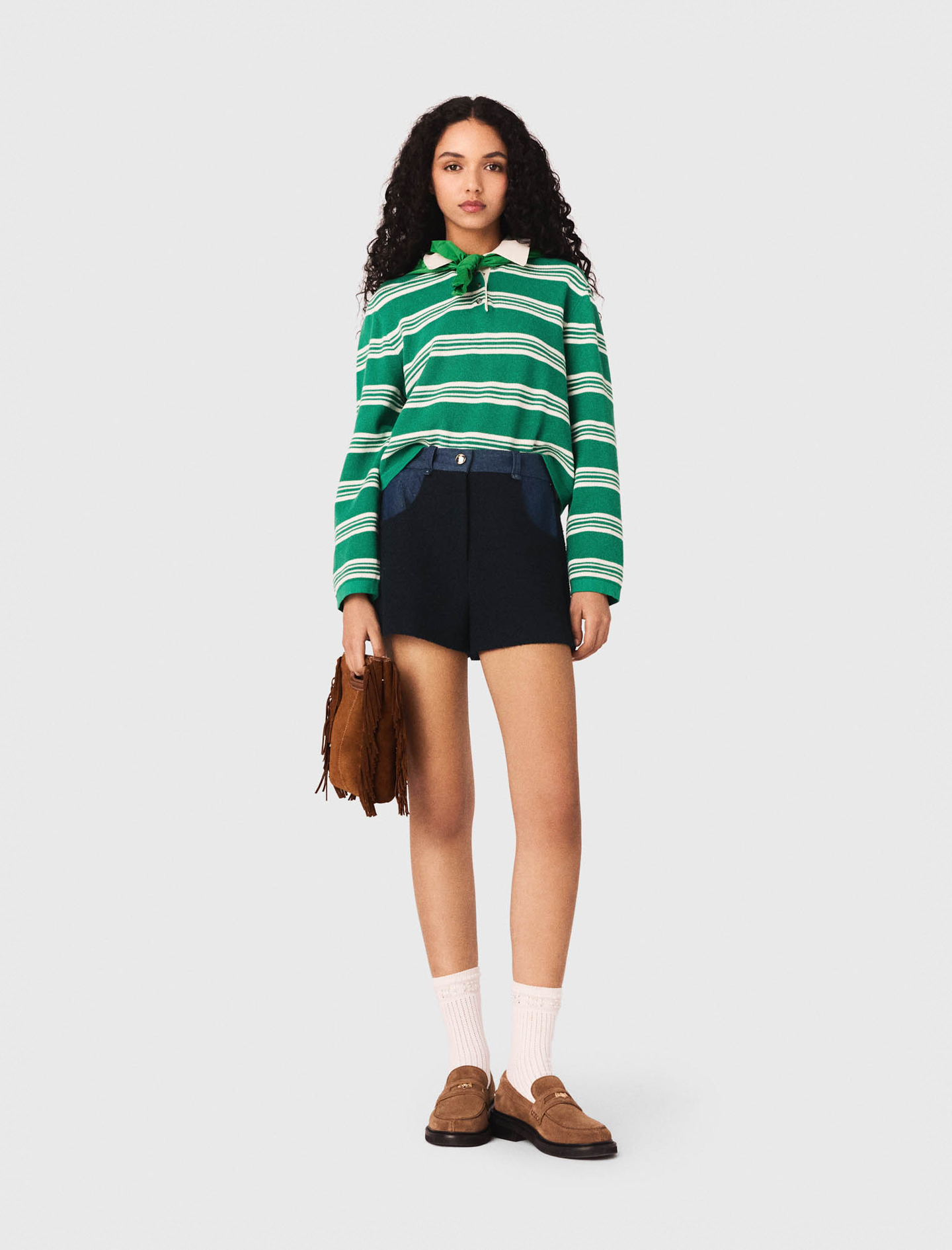 Woman's cotton Cropped striped polo sweater for Spring/Summer, size Small, in color Green / Grey