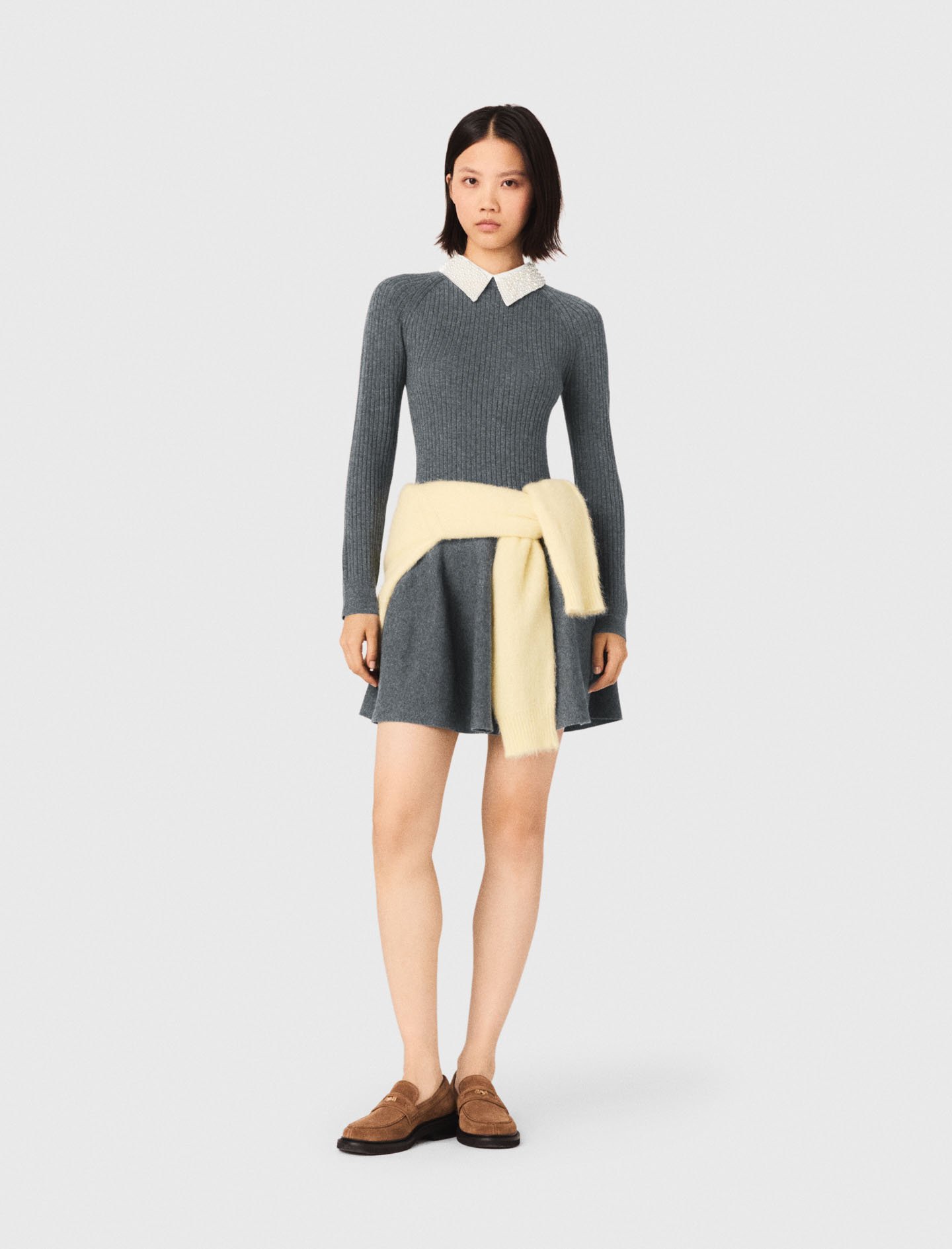 Woman's acrylic Beaded-collar short knit dress for Spring/Summer, size Small, in color Grey /