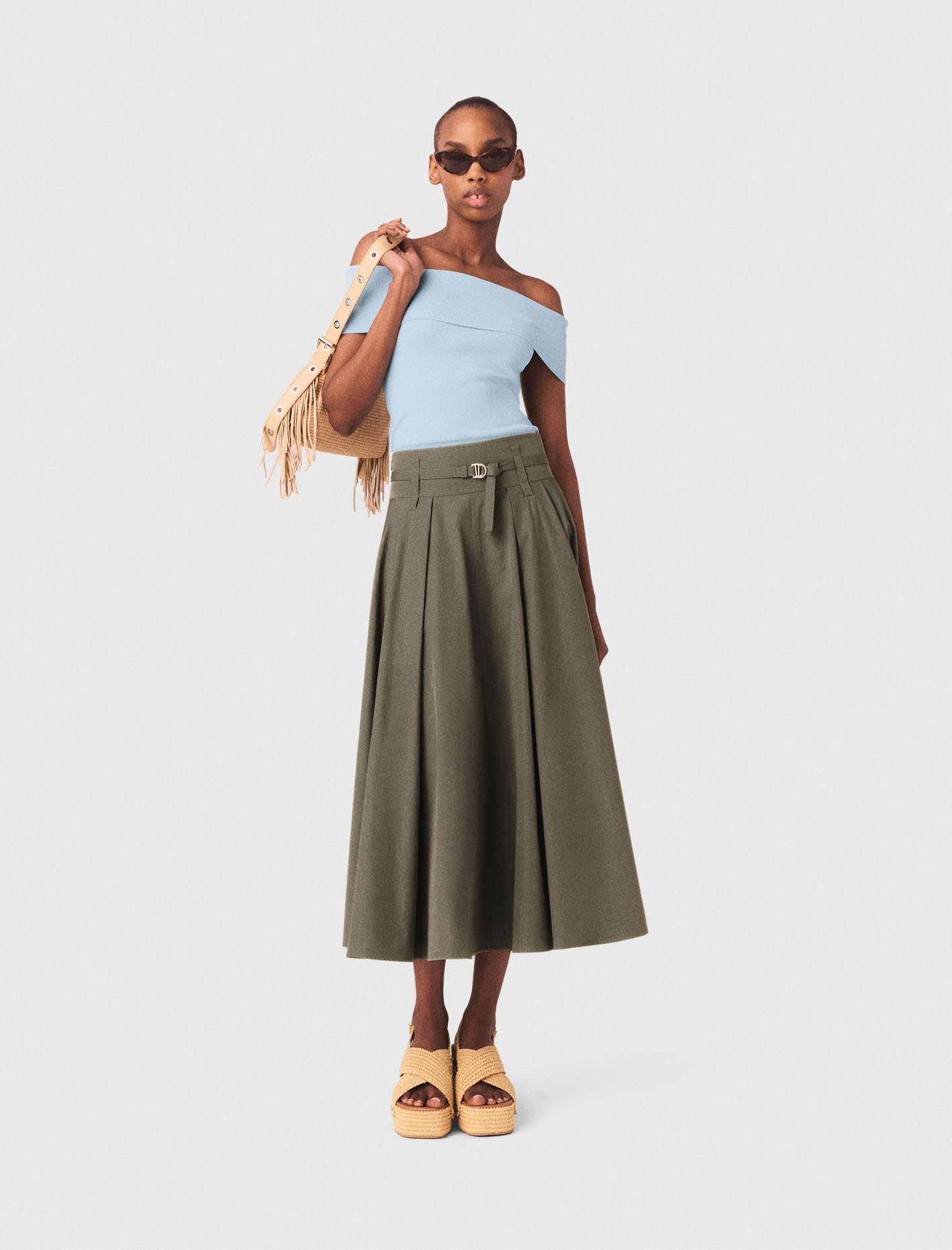 Woman's polyester Cotton pleated maxi skirt for Spring/Summer, size Extra Small, in color Khaki / Beige