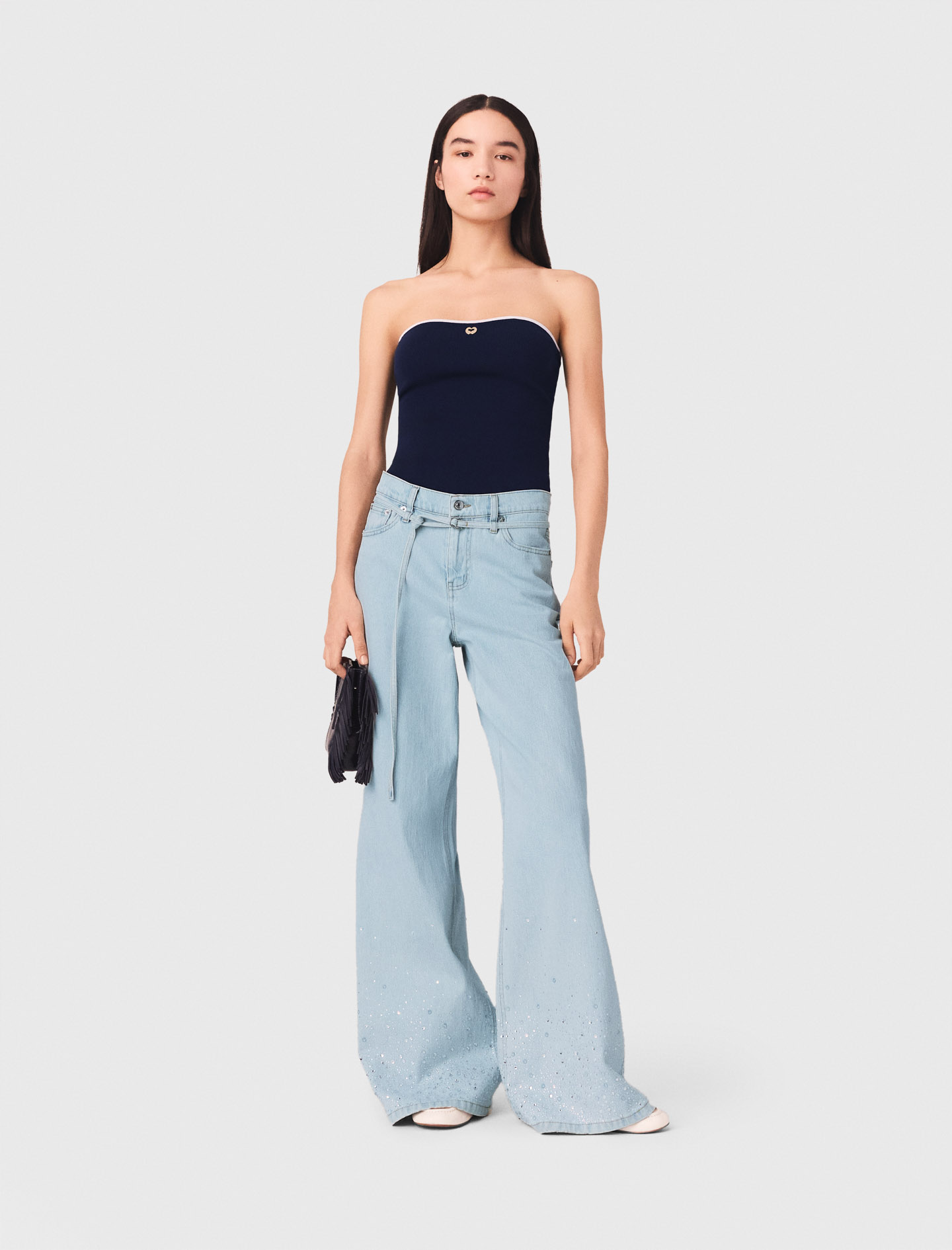 Woman's cotton Wide-leg rhinestone jeans for Spring/Summer, size Extra Extra Large, in color Blue Sky / Blue