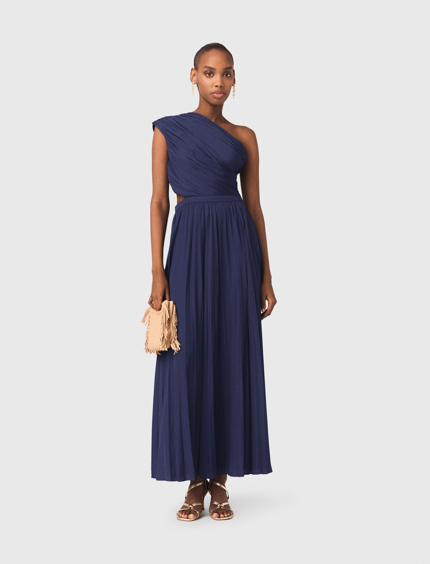 Woman's polyester Asymmetrical pleated maxi dress for Spring/Summer, size Large, in color Navy / Blue