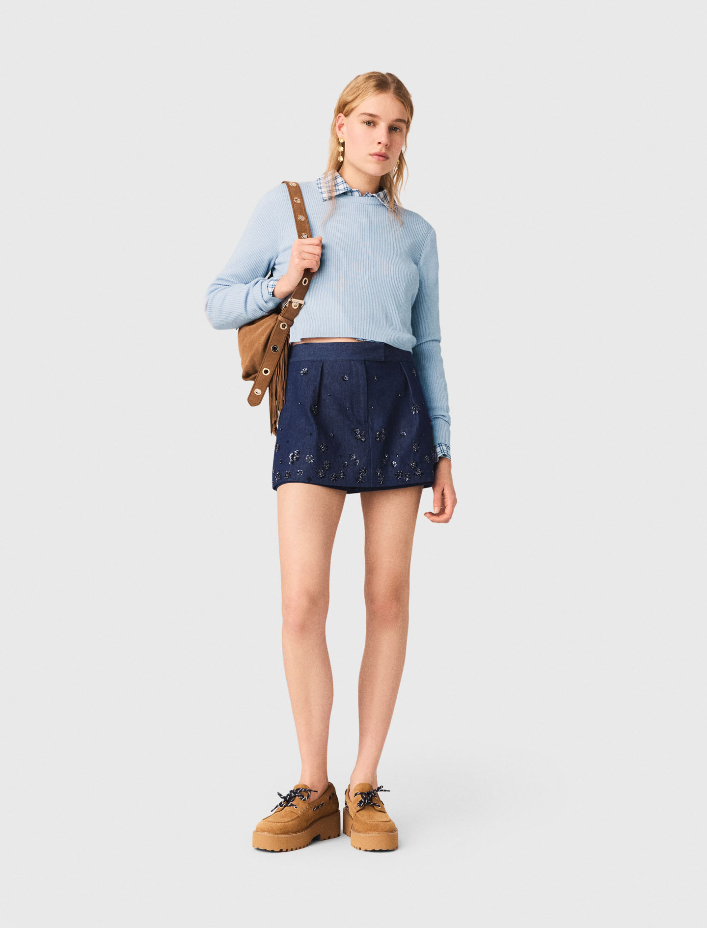 Woman's wool Sweater with jeweled bows on back for Spring/Summer, size Small, in color Blue Sky / Blue