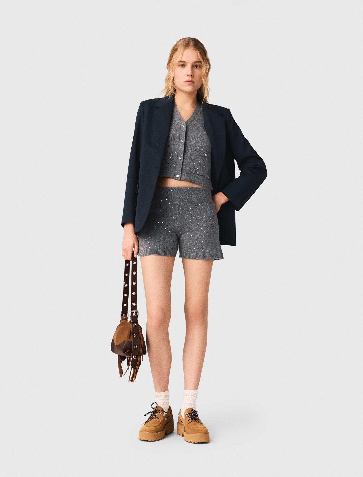 Woman's wool Knit shorts with rhinestones for Spring/Summer, size Extra Extra Large, in color Grey /