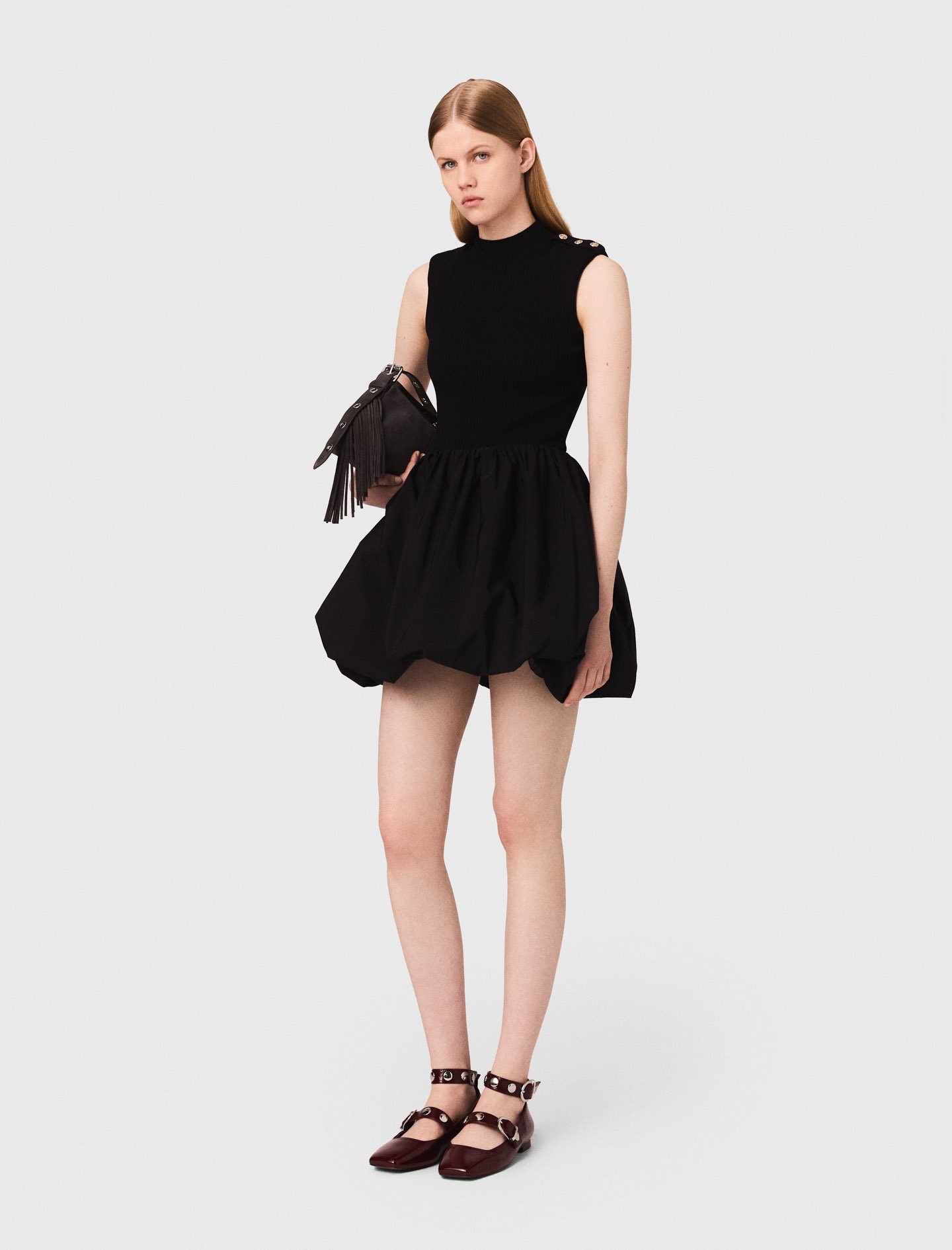 Woman's viscose Mini ribbed knit and taffeta dress for Fall/Winter, size Extra Extra Large, in color Black /