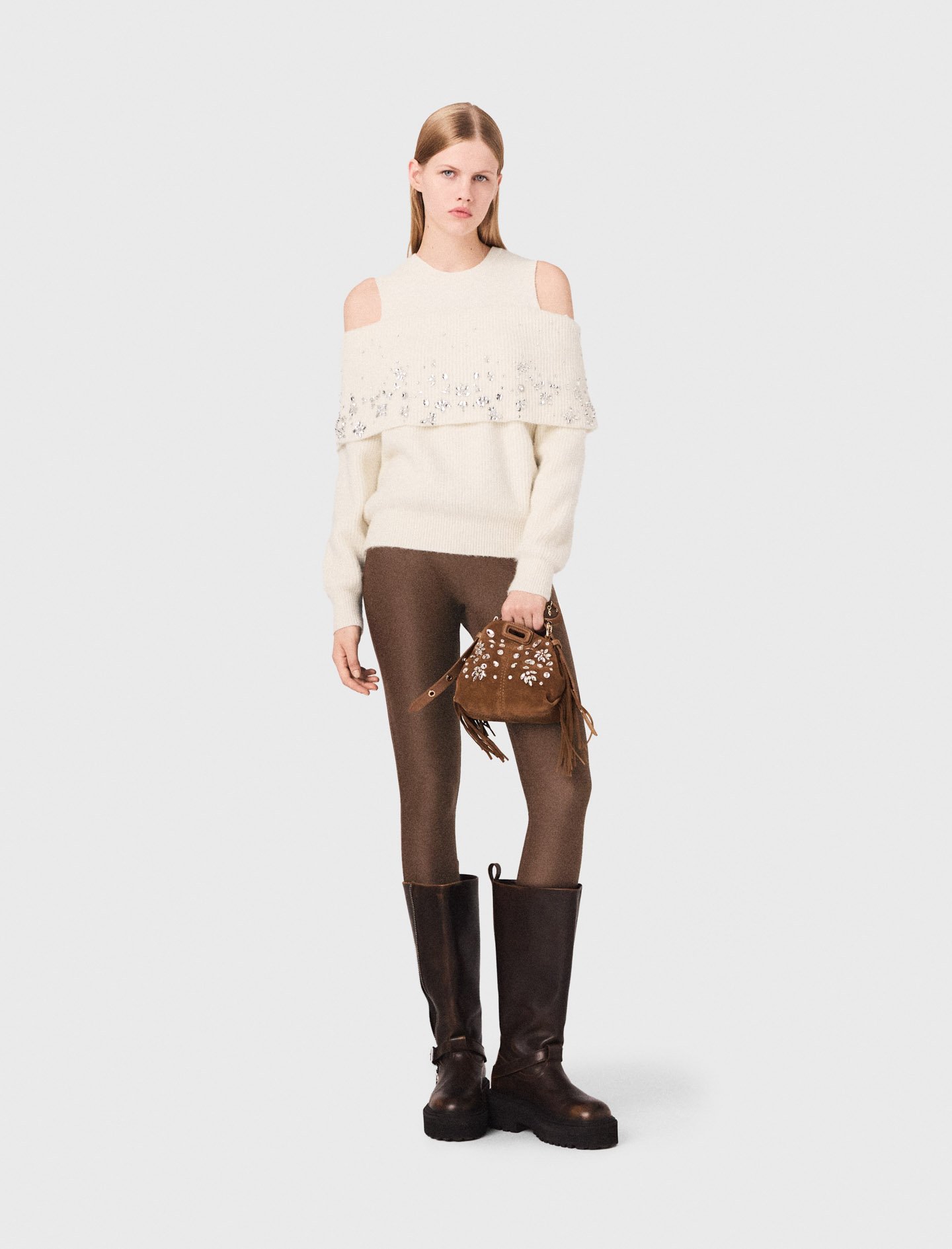 Woman's wool Off-the-shoulder sweater for Fall/Winter, size Large, in color Ecru / Beige by Maje