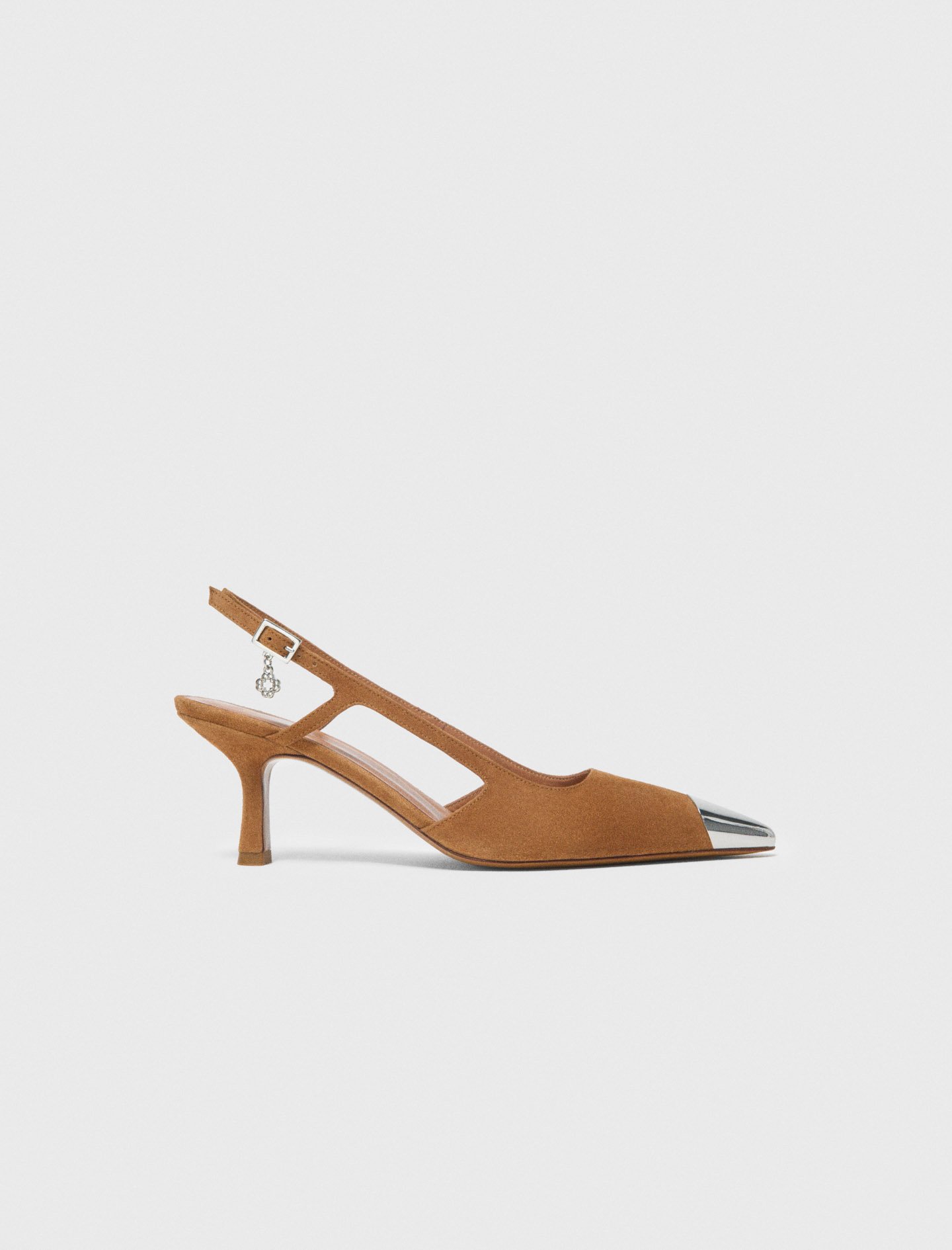 Woman's leather Metallic-toe suede pumps for Spring/Summer, size 8.5, in color Camel / Brown