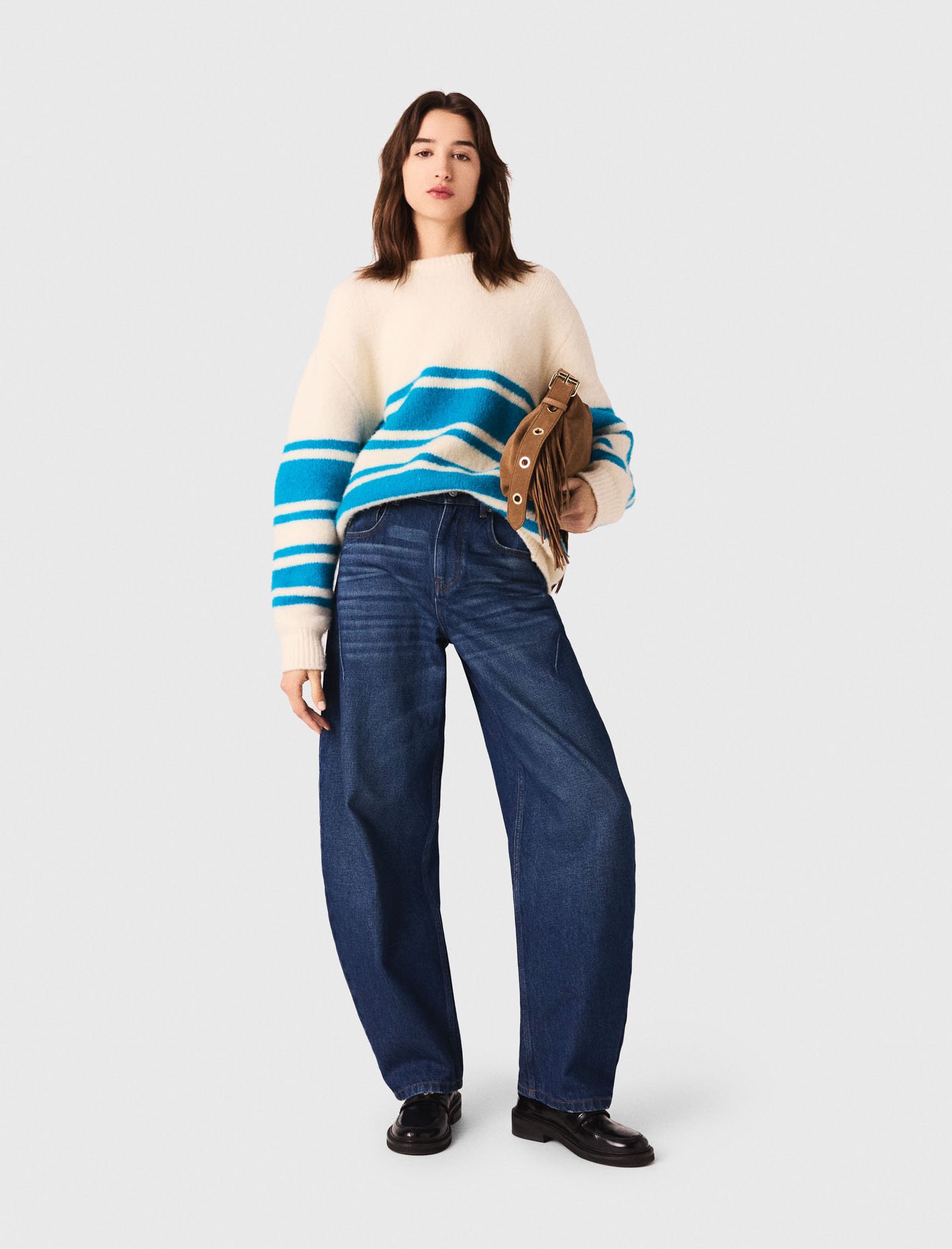 Woman's wool Oversized wool-blend sweater for Fall/Winter, size Small, in color Ecru / Turquoise /