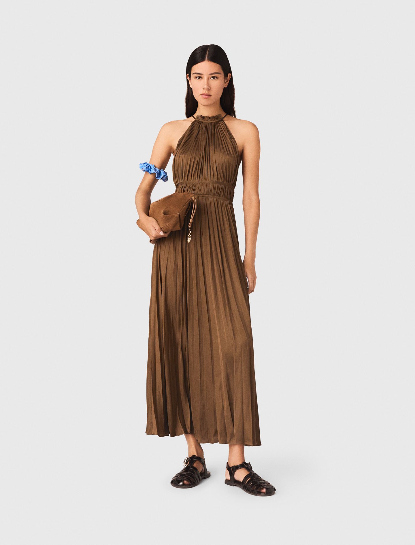 Woman's polyester Pleated maxi dress for Spring/Summer, size Large, in color Brown /