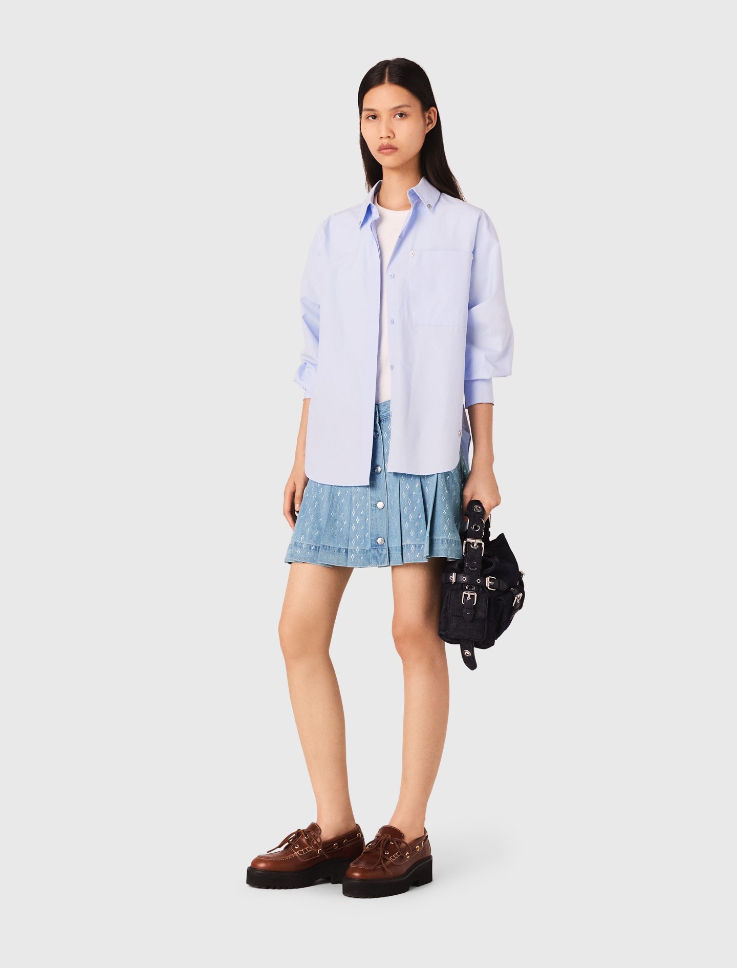 Woman's cotton Short pleated denim skirt with strass for Fall/Winter, size Small, in color DENIM BLUE /