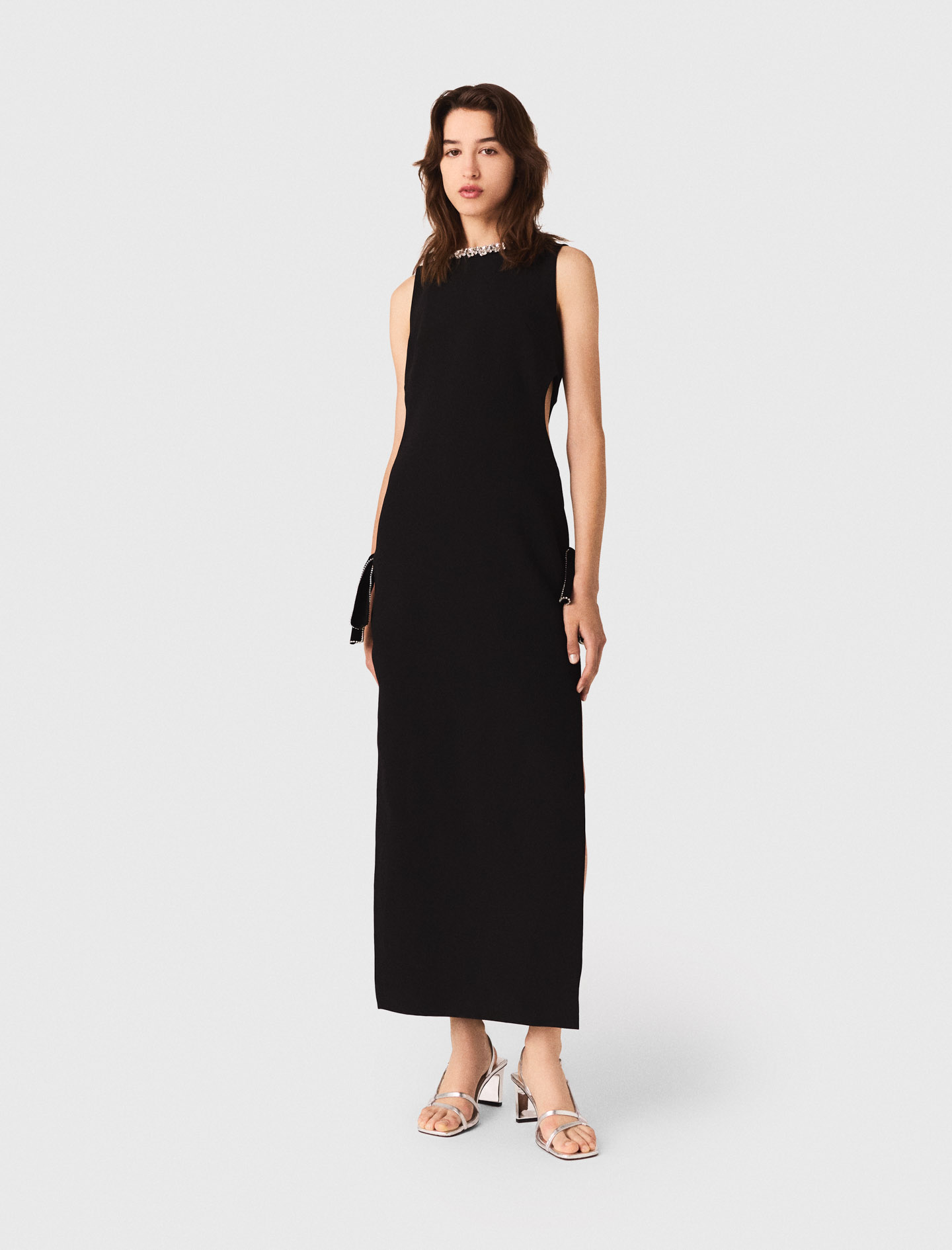 Woman's polyester Jewel-collar maxi dress for Fall/Winter, size Large, in color Black /